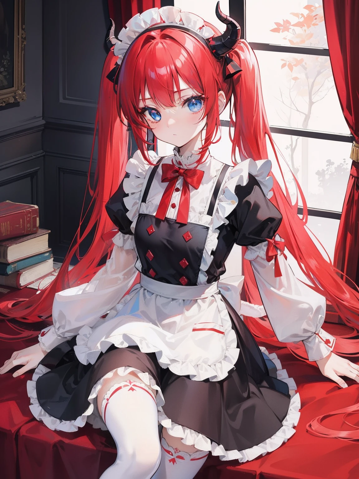 red hair,blue eyes,twintails,maid, long hair, long sleeves, gothic, solo, loli,Short skirt, white stockings,{{best quality}}, {{masterpiece}}, {{ultra-detailed}}, {illustration}, {detailed light}, {an extremely delicate and beautiful}, girl,cute,dragon horns