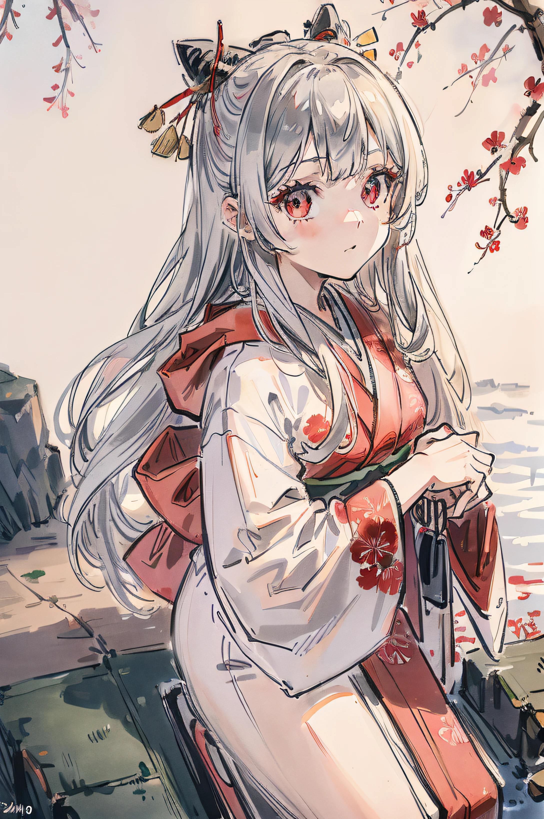 1girl, long silver hair, red eyes, wearing kimono, nature, high res, ultra sharp, 8k,