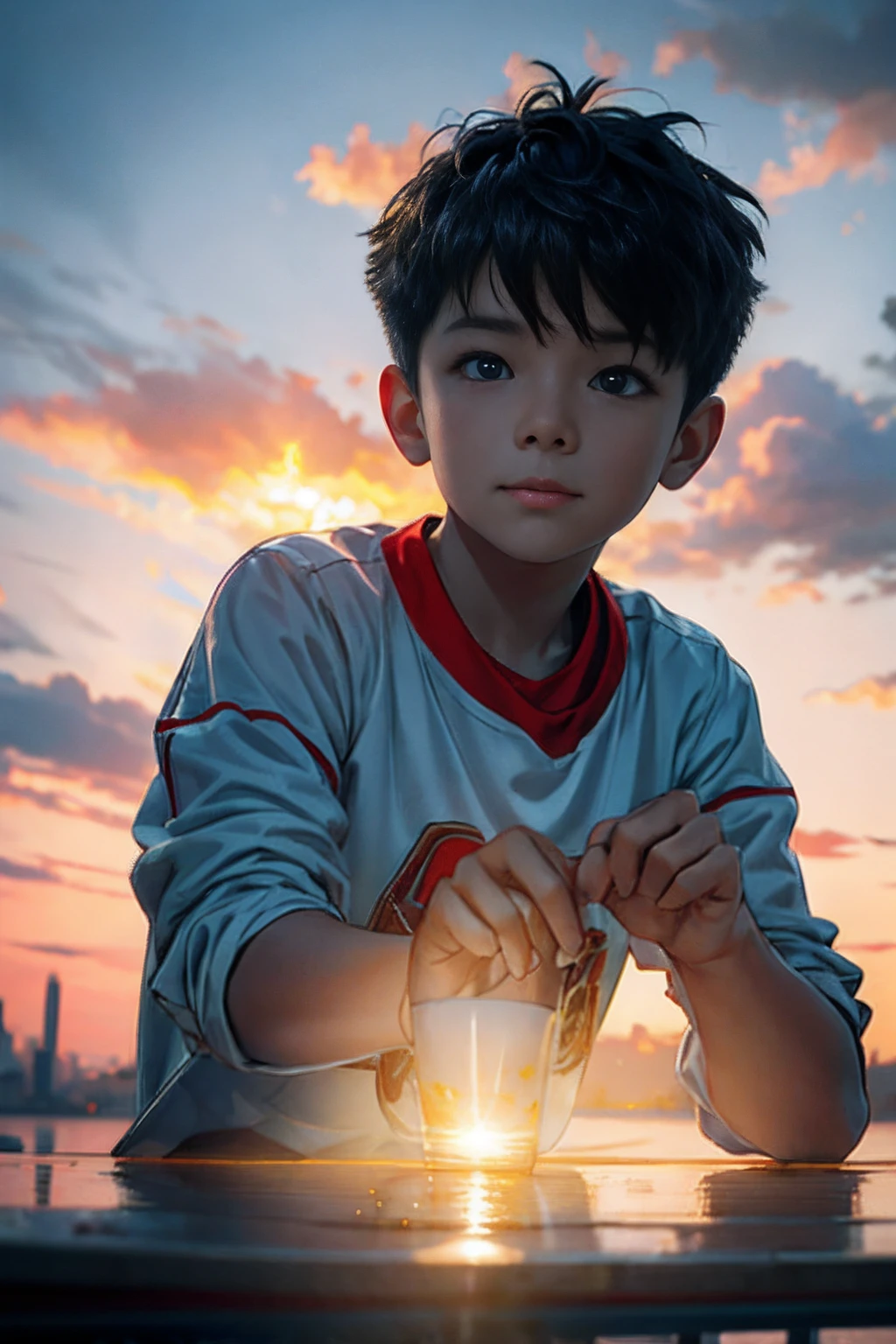 tmasterpiece，best qualityer，cinematic Film still from，1 Boy Central，natta，starrysky，Cloud Boy，floating into the sky，Close-up，brightly，cheerfulness，Soft lighting and warmth，Sun sunset，spark of light