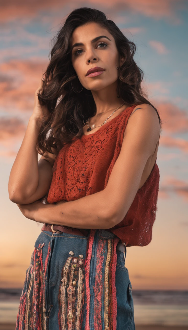Hermosa joven morena con rulos, argentina, Standing on stage at a folk recital, Llevar una remera sin mangas con tirantes con el texto "Folclore Anuritay" impreso, Clothes in rustic colors, vaqueros, hipy, in front of camera, realista, Detalles de gran intrincado, (obra maestra ), 32K