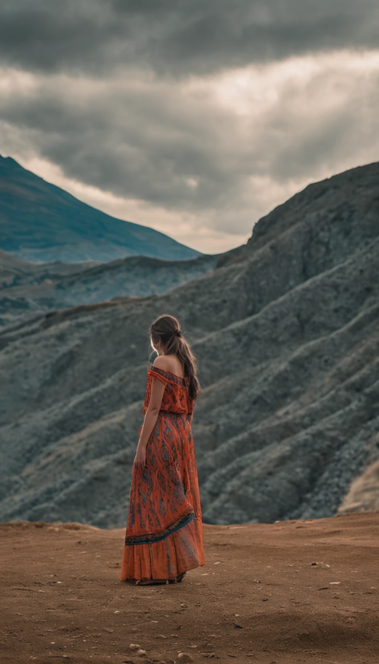 Hermosa joven morena con rulos, argentina, Standing on stage at a folk recital, Llevar una remera sin mangas con tirantes con el texto "Folclore Anuritay" impreso, Clothes in rustic colors, vaqueros, hipy, in front of camera, realista, Detalles de gran intrincado, (obra maestra ), 32K