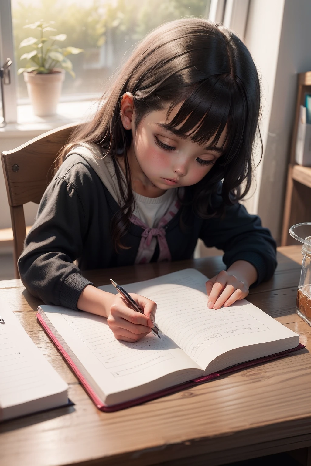 Inside the white study， reading，Black hair，manga book，Place one hand on the other，An open book，A natural hand，Creamy texture，mano，A natural hand，Flat hands。