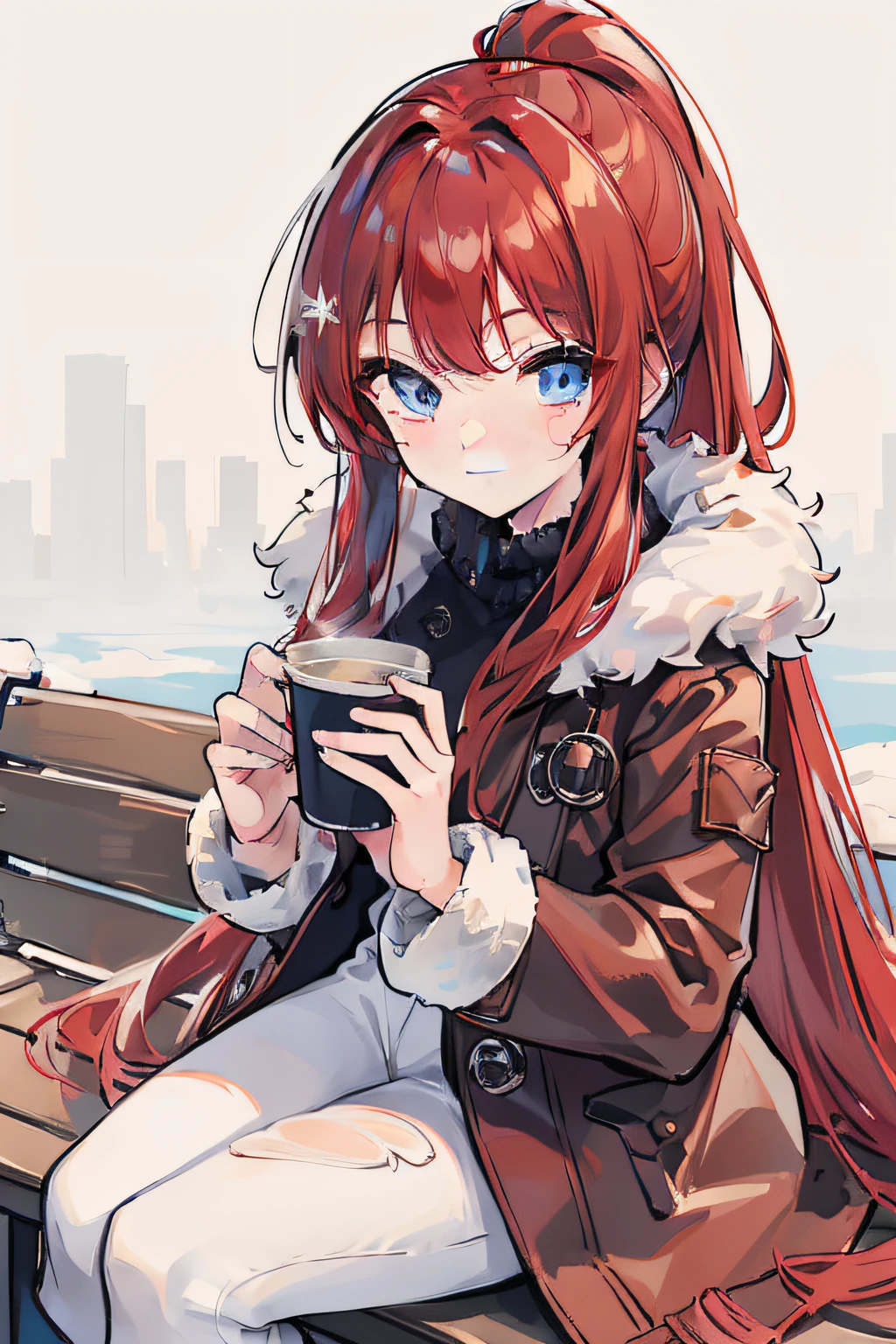 masterpiece, best quality, 1girl, long hair, (red hair), waist-length hair, ponytail, blue eyes, sharp eyes, smiling, ((brown fur coat)), white knitted clothes, (navy long jeans), boots, in the winter, snowing, fond, sitting on the bench, smiling, (((detail face))), holding two paper cups with both hands