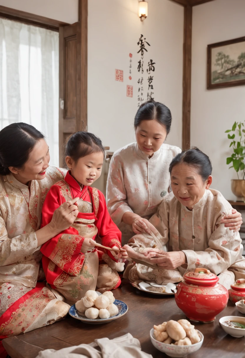 A painting that captures the essence of a harmonious Chinese family, Full of love and warmth. The scene unfolds within the confines of the comfortable living room, The walls are decorated with photos and souvenirs，Tell their life stories. In the center of the room, The sturdy wooden dining table is the heart of their home. Traditional Chinese dishes are served on the table, Showcases a range of vibrant colours and enticing aromas. Steam comes out of the hot soup bowl, And a plate of dumplings and stir-fry tempts the senses. Sitting around the table are family members, Each person has a unique personality and role in the family. PARENT, Their faces are filled with the joy and challenge of parenthood, Exudes satisfaction. Their eyes sparkle with love and pride，Watch your own children grow. The children, Full of youthful energy and enthusiasm, Have lively conversations and laughter. Their smiles are infectious, Illuminate the room with joy and innocence. Each family member wears traditional Chinese clothing, Add a culturally rich element to the scene. sunlight streaming through the window, Cast a soft glow on the room. The meticulous details of the painting bring the texture of the furniture, fabrics, and decorations for life, Create realism. Each stroke captures the nuances of expressions and gestures, Evoke a sense of familiarity and connection. Artis, Good at realist art, Pay attention to the light and shadow, Allows the painting to reflect the quality of the photo. The colors are vivid and true to life, A vibrant palette that reflects Chinese culture. The texture of the food, Clothing, The rendering accuracy of the surrounding environment is very high, Enhance the overall realism of the artwork. This painting testifies to the beauty and power of family bonds. It is an eternal reminder of the importance of love, Unity,, Professional color grading, Soft shadows, no contrast, clean sharp focus, Film photography