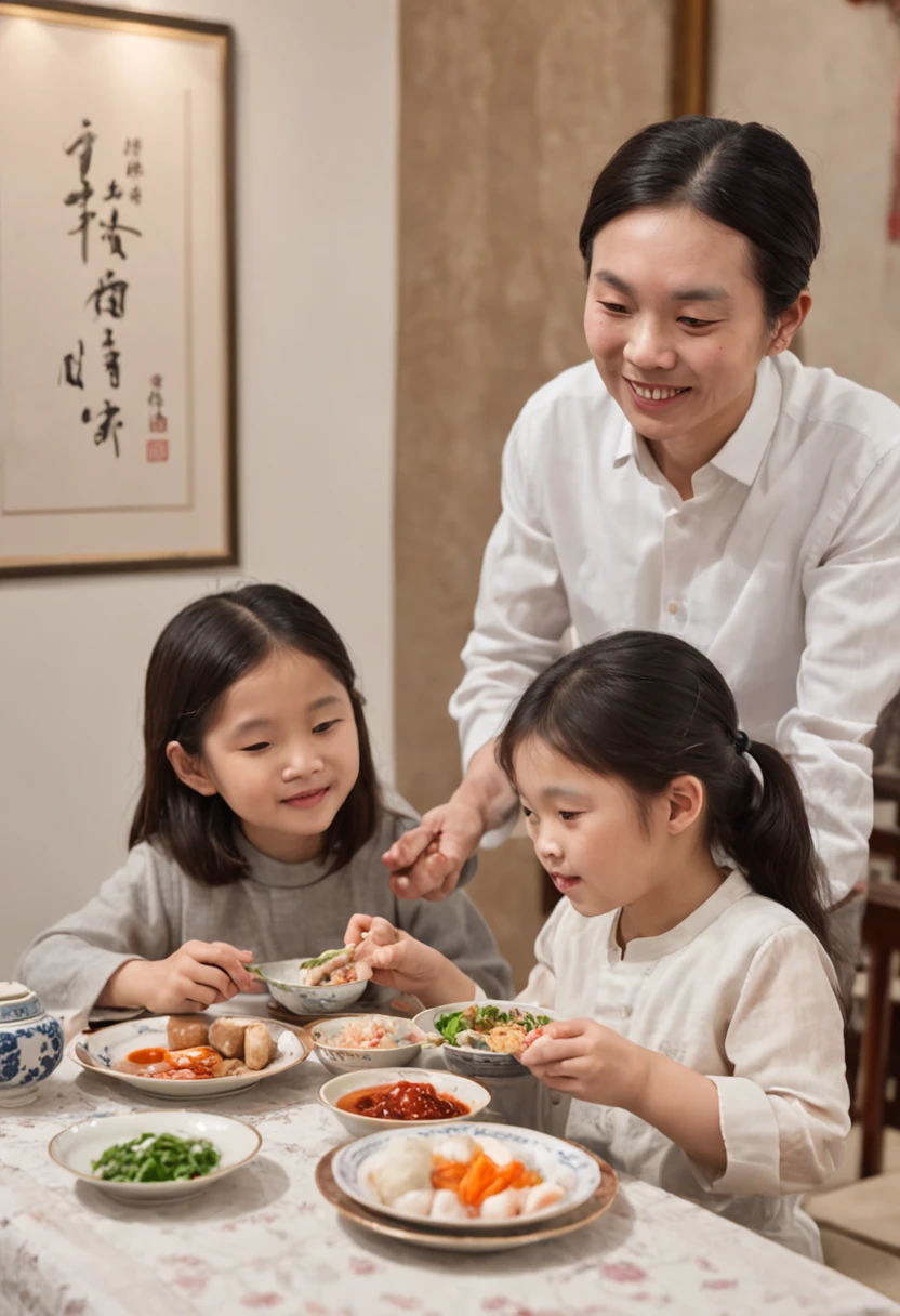 A painting that captures the essence of a harmonious Chinese family, Full of love and warmth. The scene unfolds within the confines of the comfortable living room, The walls are decorated with photos and souvenirs，Tell their life stories. In the center of the room, The sturdy wooden dining table is the heart of their home. Traditional Chinese dishes are served on the table, Showcases a range of vibrant colours and enticing aromas. Steam comes out of the hot soup bowl, And a plate of dumplings and stir-fry tempts the senses. Sitting around the table are family members, Each person has a unique personality and role in the family. PARENT, Their faces are filled with the joy and challenge of parenthood, Exudes satisfaction. Their eyes sparkle with love and pride，Watch your own children grow. The children, Full of youthful energy and enthusiasm, Have lively conversations and laughter. Their smiles are infectious, Illuminate the room with joy and innocence. Each family member wears traditional Chinese clothing, Add a culturally rich element to the scene. sunlight streaming through the window, Cast a soft glow on the room. The meticulous details of the painting bring the texture of the furniture, fabrics, and decorations for life, Create realism. Each stroke captures the nuances of expressions and gestures, Evoke a sense of familiarity and connection. Artis, Good at realist art, Pay attention to the light and shadow, Allows the painting to reflect the quality of the photo. The colors are vivid and true to life, A vibrant palette that reflects Chinese culture. The texture of the food, Clothing, The rendering accuracy of the surrounding environment is very high, Enhance the overall realism of the artwork. This painting testifies to the beauty and power of family bonds. It is an eternal reminder of the importance of love, Unity,, Professional color grading, Soft shadows, no contrast, clean sharp focus, Film photography