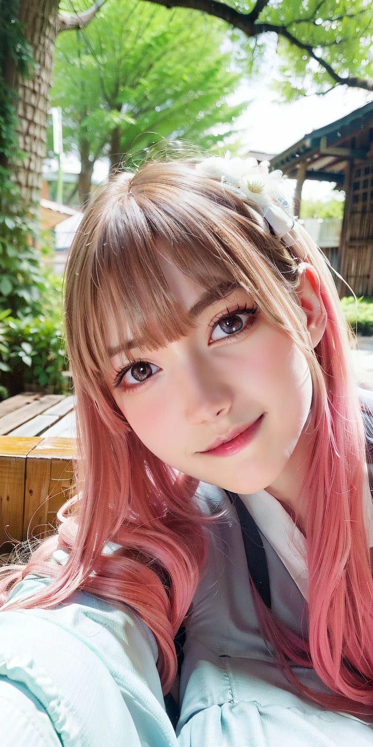 (8K, 4K, Best quality, A high resolution:1.2), (marsterpiece, Realistic, photograph realistic:1.37), 1girll, Solo, Beautiful face, eyeslashes, nase, Glossy lips, (Detailed eyes, view the viewer, Fair skin, White skin:1.5), fine complexion, Upper body,
Large breasts, Busty, , (:1.5),
Outdoor onsen,
two sides up, Absurdly long hair, Blonde hair, Pink hair, bangs, hair adornments, bow,
Younger, aged down,