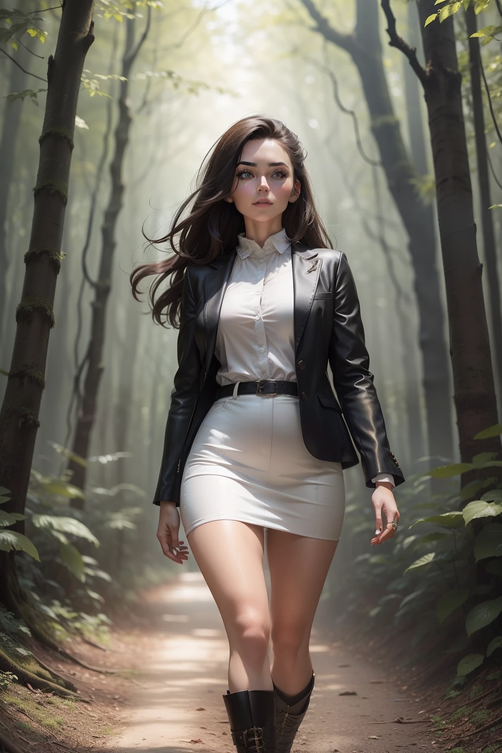 a 25 year old girl, brunette, in fancy clothes, walking through a forest