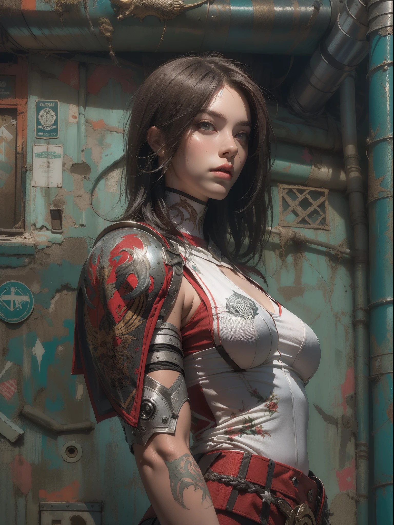 (((mulher))), (((melhor qualidade))), (((obra prima))), (((adulto))), (((1girl))), ((( corte de cabelo bob ))), ((( armadura ))), Uma gladiadora cyberpunk mulher de 25 anos com corpo perfeito, Black metallic skull-shaped pectoral, shoulder pads with metal spines, Gladiadores do Brooklyn, (( corte de cabelo bob )), tiny leather panties, camiseta de time de rugby rasgada, quase nua no estilo selvagem urbano de Simon Bisley para a capa da revista Heavy Metal, Cabelo loiro curto, Minimum clothing, Metal protection on the left arm with intricate graphics, Dark red with white stars and white and navy blue checkerboard pattern, armadura, cheio de pontas e rebites, (((do joelho pra cima))), cabelos loiro branco curto, no fundo uma parede pintada por Shepard Fairey com um design intrincado