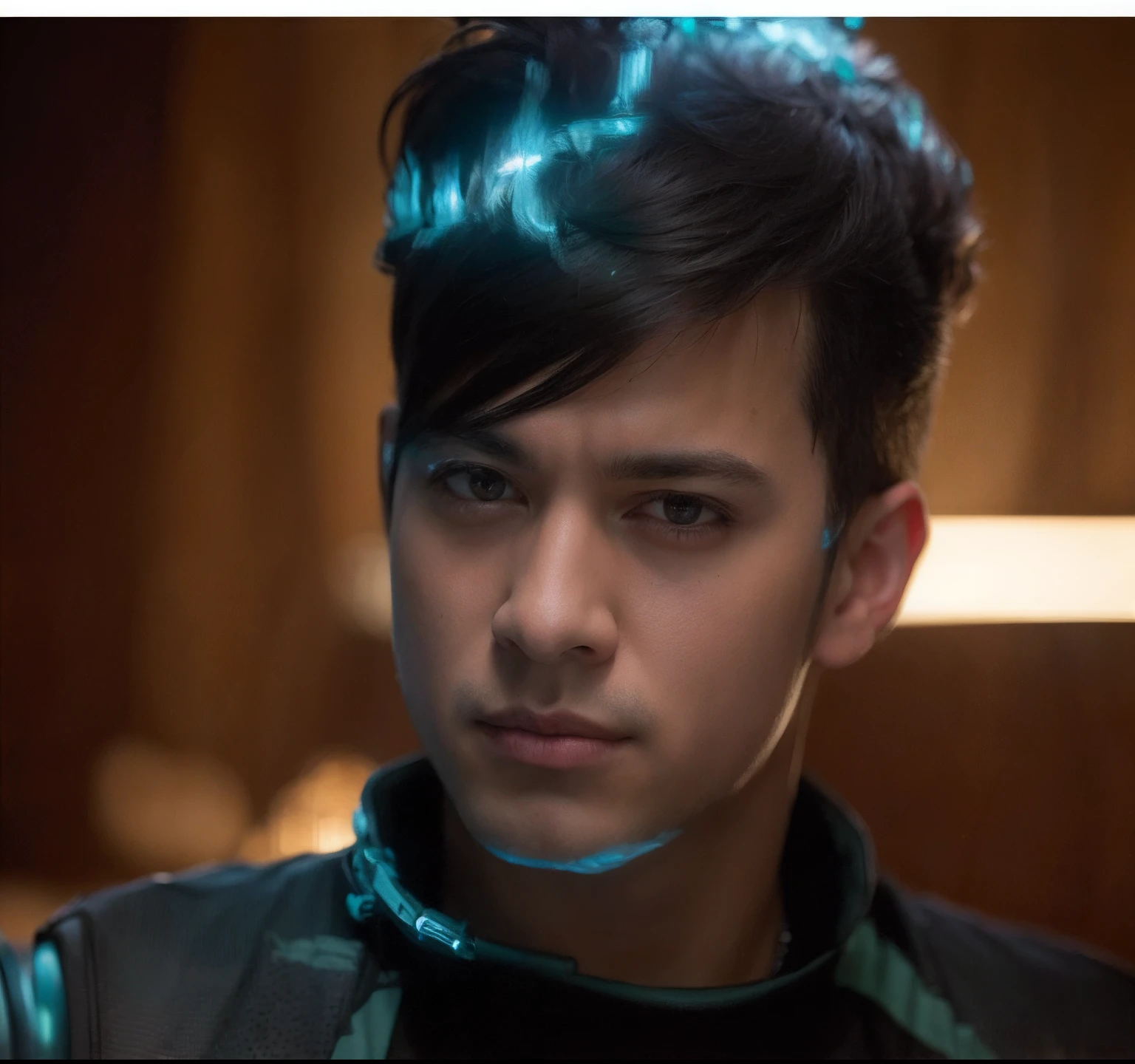 Change background to a cyberpunk setting with a handsome boy, create an ultra-realistic depiction in a dark background with bullet effects. Make it award-winning quality with a realistic face and a dynamic fight scene.