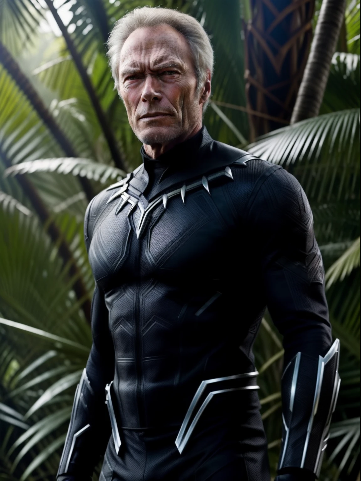 Clint Eastwood in the role of Black Panther, Marvel, black costume, without mask, in the jungles, guns in hands