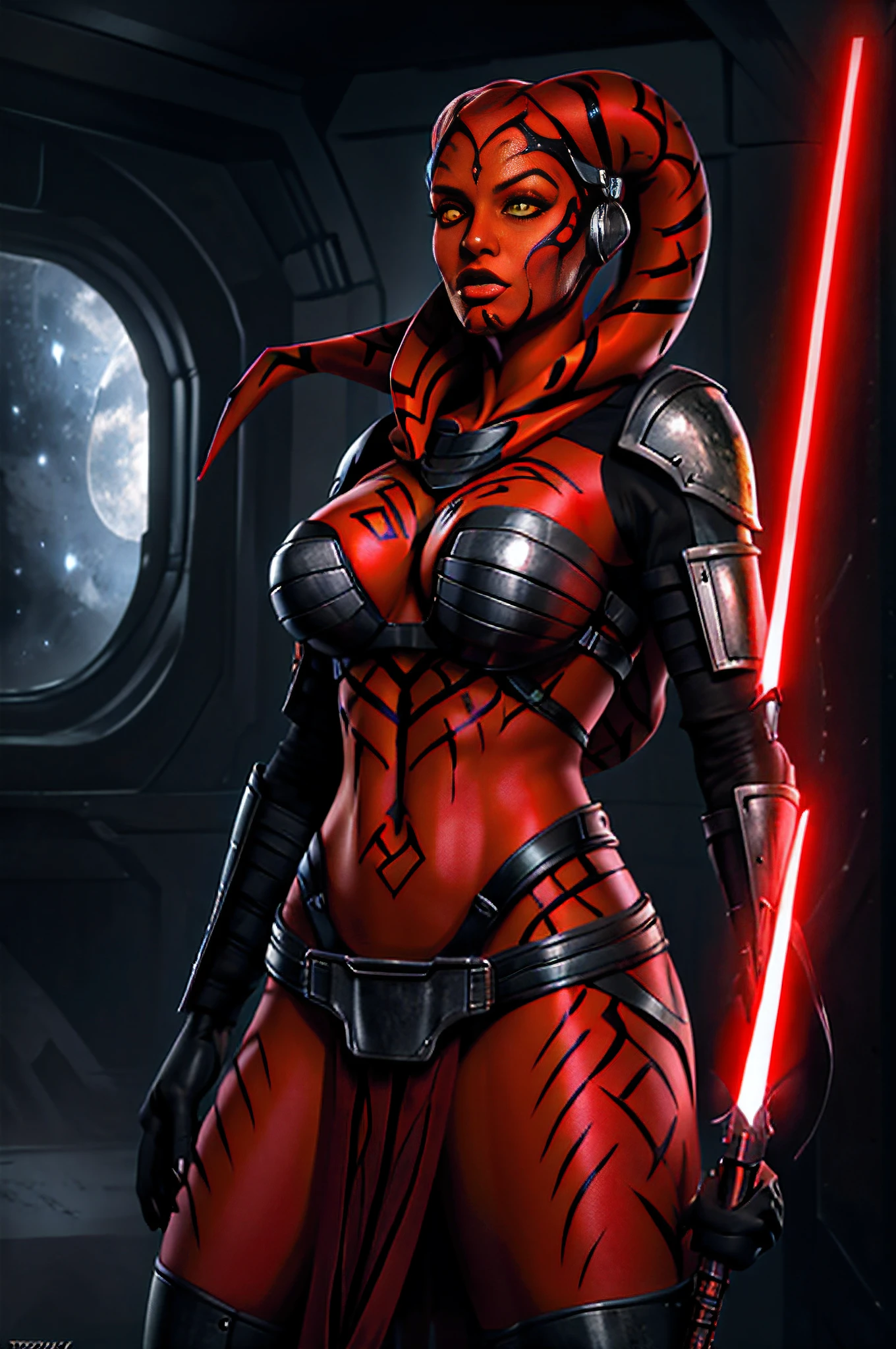 (masterpiece), (best quality), (1 girl), ((red skin: 1.8)), ((yellow eyes: 1.5)), (detailed face), full body, as sith detailed portrait, twilek, darth taron, sexy, full body tribal, cute, with red lightsaber, (wearing a black robe), black stealth armor, breastplate, tunic, tabard, cowl, cloak, body gloves, straps, buckles, skirt, long sleeves, greg rutkowski, art station, fantasy, realistic style