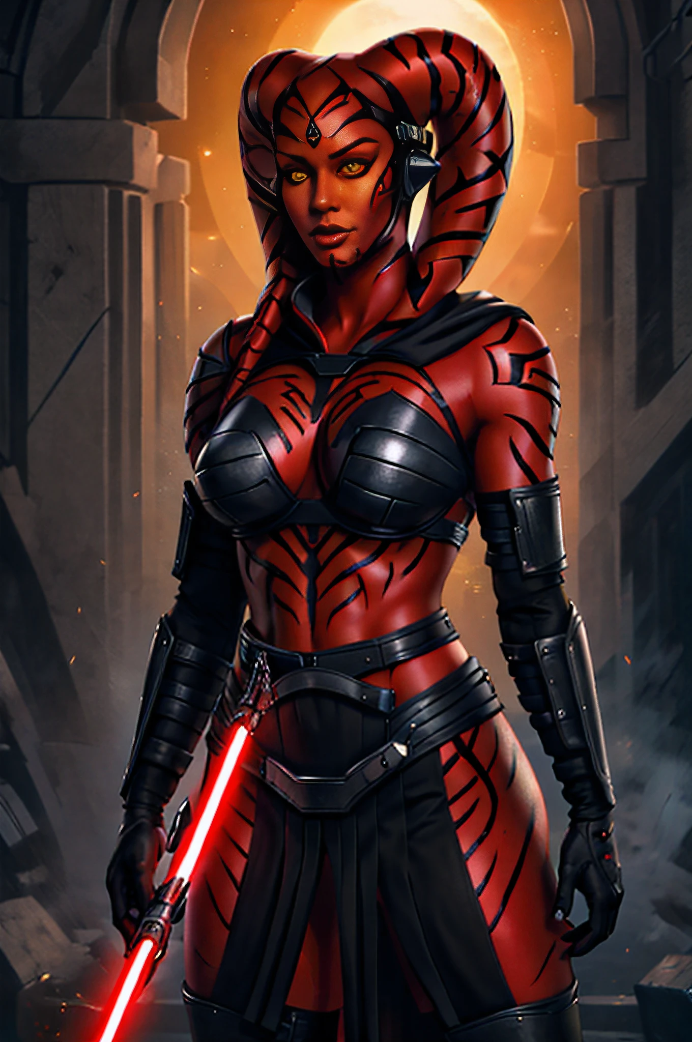 (masterpiece), (best quality), (1 girl), ((red skin: 1.8)), ((yellow eyes: 1.5)), (detailed face), full body, as sith detailed portrait, twilek, darth taron, sexy, full body tribal, cute, with red lightsaber, (wearing a black robe), black stealth armor, breastplate, tunic, tabard, cowl, cloak, body gloves, straps, buckles, skirt, long sleeves, greg rutkowski, art station, fantasy, realistic style