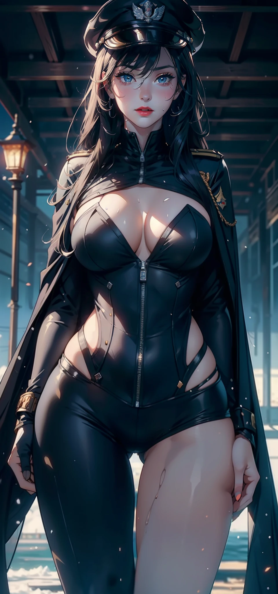 1womanl，33yo，熟妇，mature，extremely large bosom，Big breasts Thin waist，long leges，Raised sexy，Pornographic exposure， 独奏，Beauty contests，standing on your feet（Background with：the sea，snow mountains，warships，at winter season，Blizzarding，Big snowflakes）On warships， She has long black hair，Long hair flutters in the wind，Redlip，dynamicposes，Sweat profusely，drenched all over the body，seen from the front， hair straight， mostly cloudy sky，（（（tmasterpiece），（Very detailed CG unity 8K wallpaper），best qualtiy，cinmatic lighting，detailed back ground，beatiful detailed eyes，Bright pupils，（Very fine and beautiful），（Beautiful and detailed eye description），Blue eyes，Redlip，ultra - detailed，tmasterpiece，）），facing at camera，（The upper part of the body），A high resolution，ultra - detailed），revealing breasts，Bare genitalia，  Bulge，legs are open，sexyposture，Camel toes，Flushed complexion，Open-mouthed，frontage，American officers，Officer's cap，elementary student（Wearing：Black cape，Down jacket White officer transparent uniform，Sexy leggings，Bare breasts，Bare genitalia，Armour，Gold wire embroidery，Snowflake decoration，Sci-fi futuristic style）