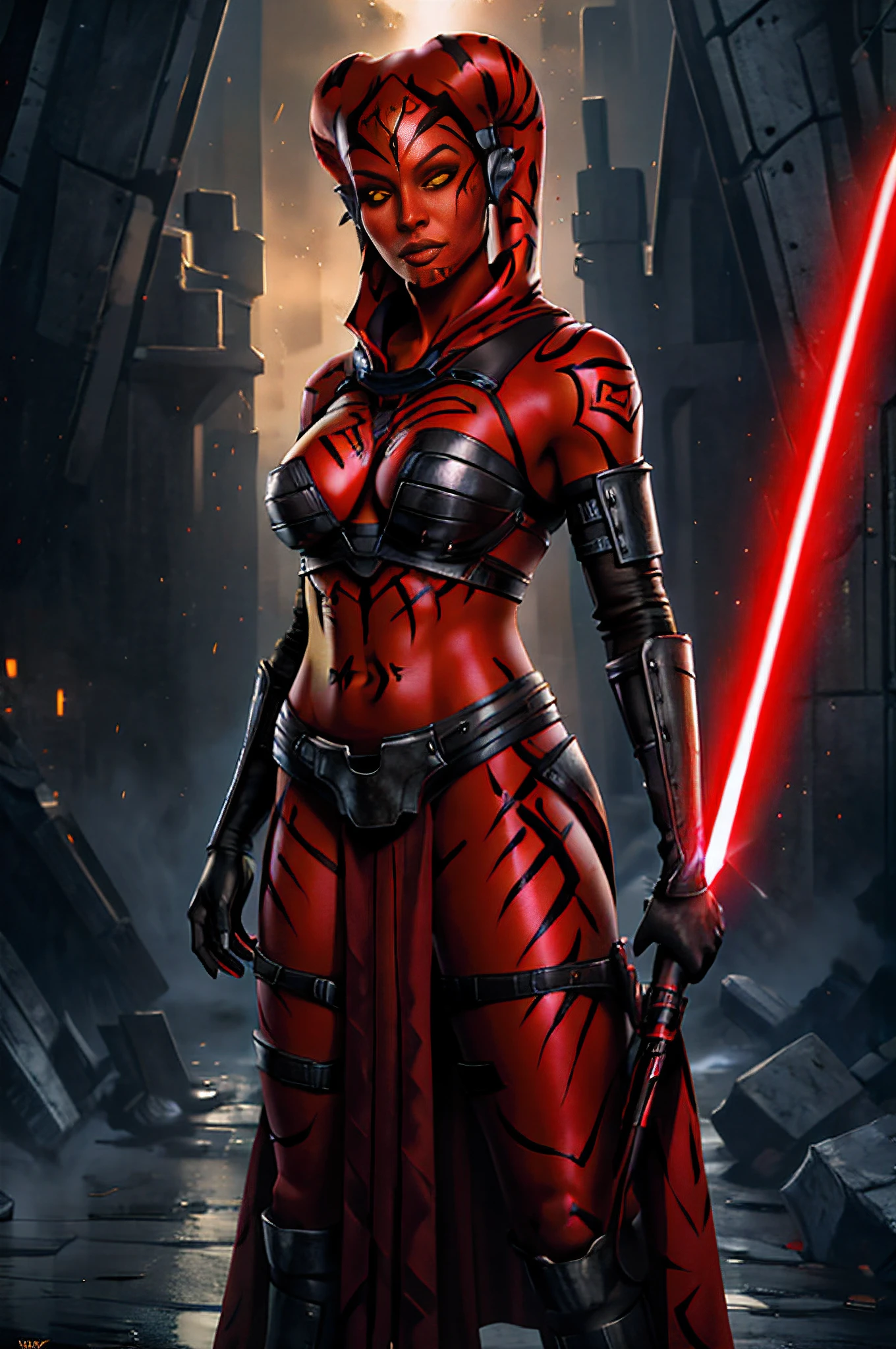 (masterpiece), (best quality), (1 girl), ((red skin: 1.8)), ((yellow eyes: 1.5)), (detailed face), full body, as sith detailed portrait, twilek, darth taron, sexy, full body tribal, cute, with red lightsaber, (wearing a black robe), black stealth armor, breastplate, tunic, tabard, cowl, cloak, body gloves, straps, buckles, skirt, long sleeves, greg rutkowski, art station, fantasy, realistic style