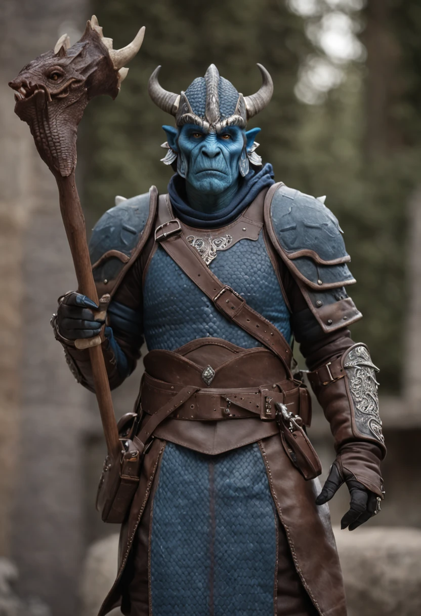 Dragonborn male, blue scales, wearing leather armor, holding a staff