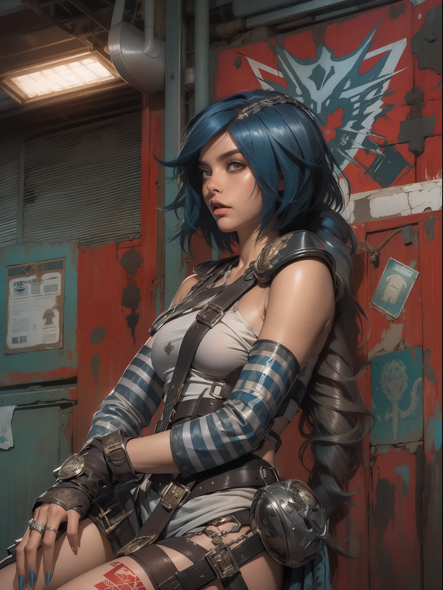 (((mulher))), (((melhor qualidade))), (((obra prima))), (((adulto))), (((1girl))), ((( corte de cabelo bob ))), Uma gladiadora cyberpunk mulher de 25 anos com corpo perfeito, shoulder pads with metal spines, Gladiadores do Brooklyn, (( corte de cabelo bob )), tiny leather panties, camiseta de time de rugby rasgada, quase nua no estilo selvagem urbano de Simon Bisley para a capa da revista Heavy Metal, Cabelo loiro curto, Minimum clothing, Metal protection on the left arm with intricate graphics, Dark red with white stars and zigzag striped pattern, azul marinho e branco, armadura, cheio de espinhos, (((do joelho pra cima))), cabelos loiro branco curto, no fundo uma parede pintada por Shepard Fairey com um design intrincado