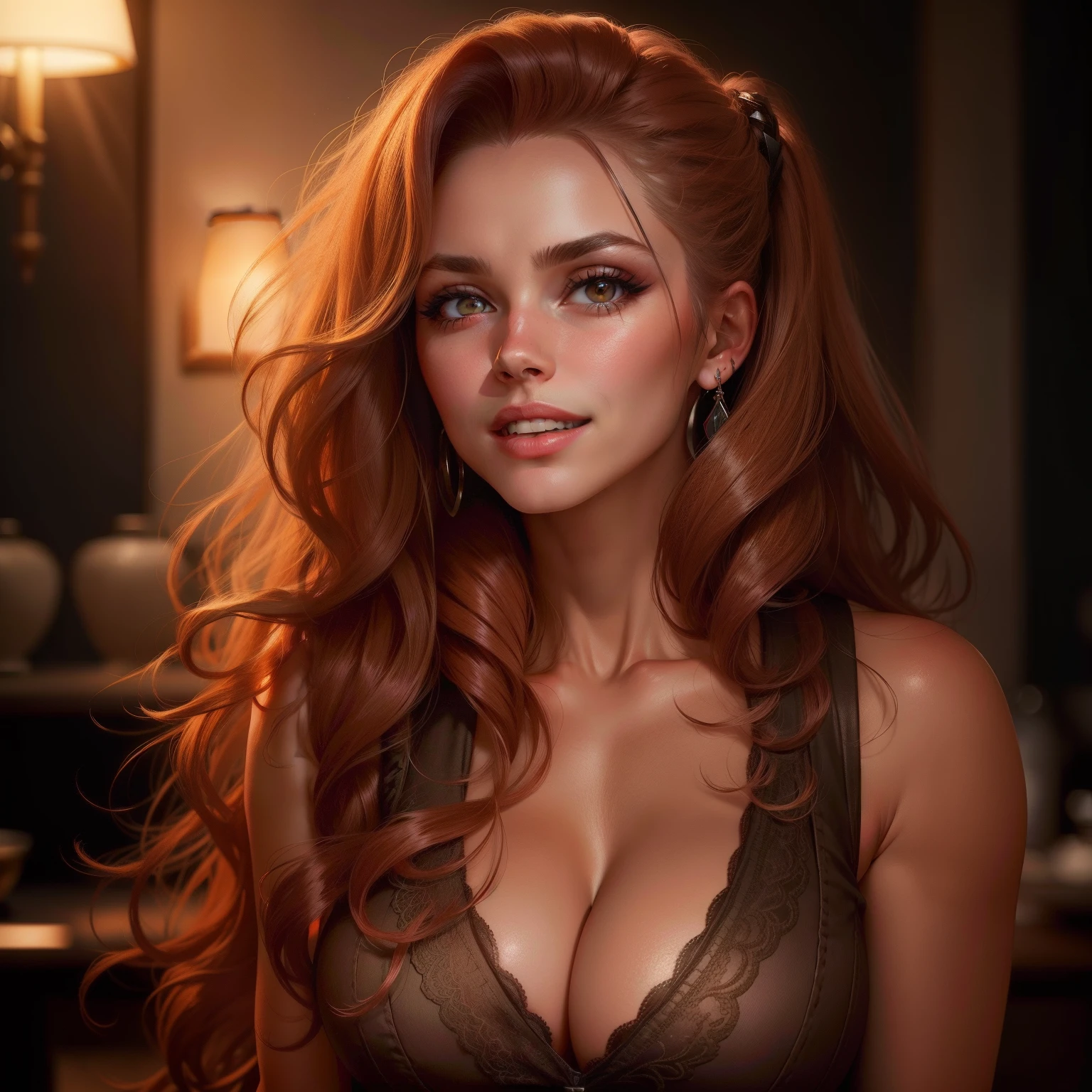 Portrait photo of beautiful woman, Very big tits, White teeth, rotes Haar, (Meisterwerk) (real) (sehr realistisch) (best quality) (Detailliert) (8K) (HDR) (Tapete) (Filmische Beleuchtung) (Scharfer Fokus) (kompliziert)