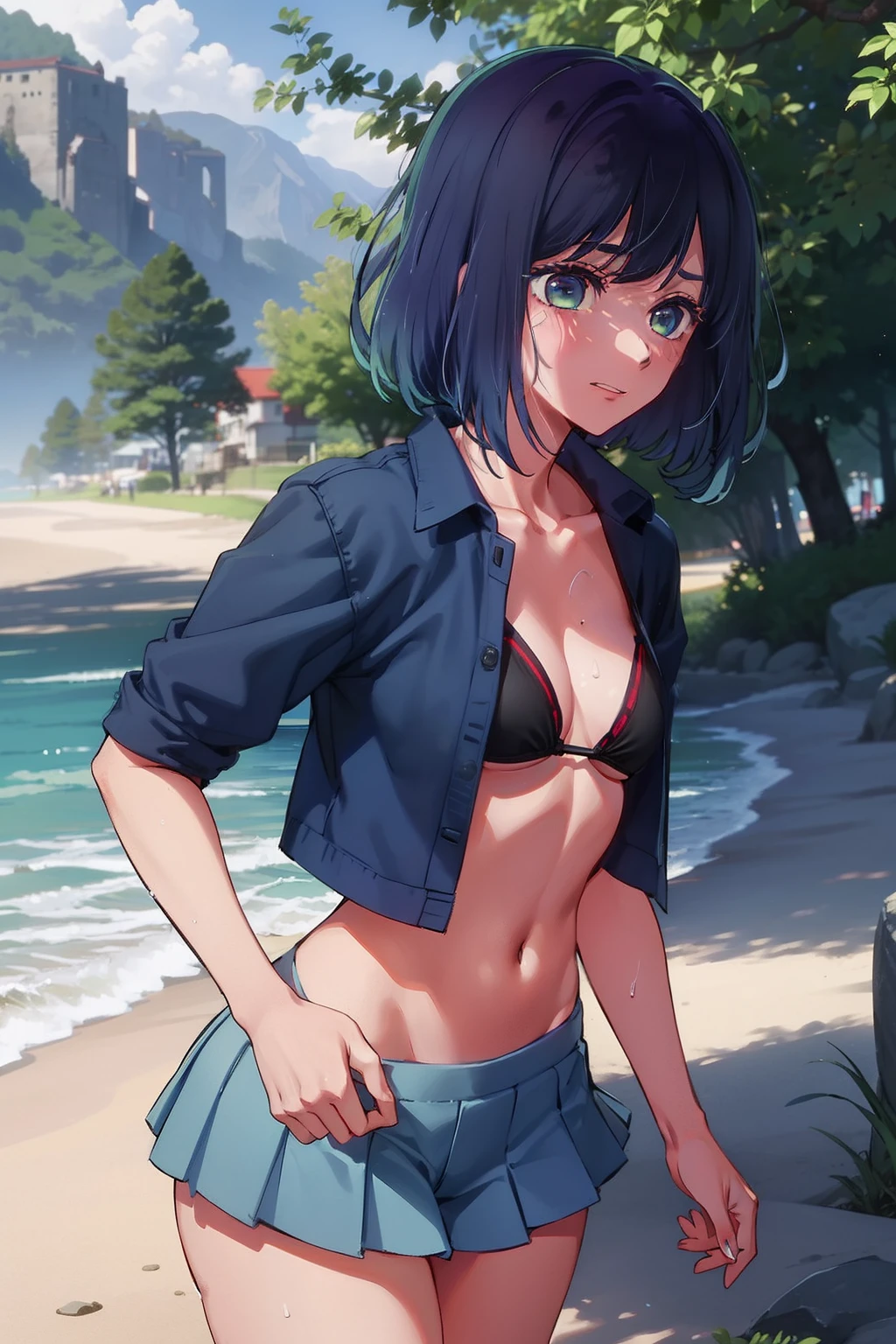 Akane Kurokawa,nackt,blaues Haar,nackt,hot,sexy,beautiful,Perfect Body,1girls,medium boobs,Meisterwerk,Perfektes Gesicht,ausdrucksstarkes Gesicht,nackt,strand,bikini top,no jacked,short skirt,only bikini top,young,not tall,small tighs,short,18 years old,beach,medium tits,small,lust,horny,wet,No Jacked,skinny,