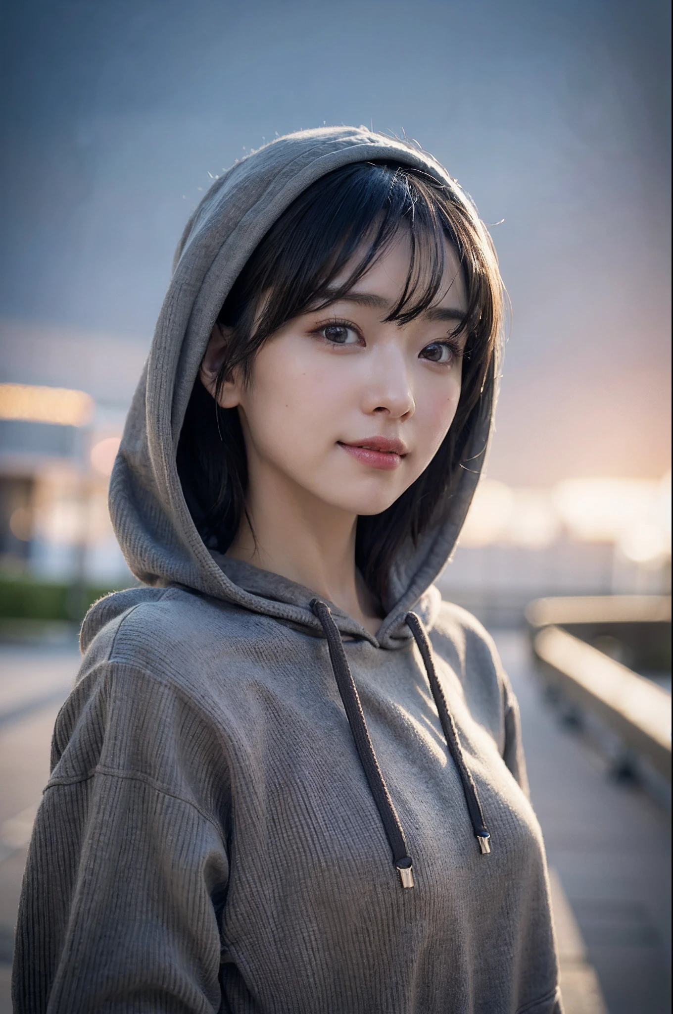 (Long hoodie:1.3)、top-quality、top-quality、realisitic、Unity、8k wallpaper、Official art、Highly detailed CG Unity 8k wallpaper、ultra-detailliert、hight resolution、Physically-based rendering、ultra-detailliert,magnifica, finely detail,1girl in、(short short hair)、(Smile Face:1.1)、Slim Face、Pretty Lady、hyperdetailed face、Detailed eye、二重まぶた、Kamimei、Blurred background、(From navel to head)、frontage、Slim Face、streetview、profetional lighting、(light light on the face:1.3)、best light,(Phalaenopsis Shinobu)