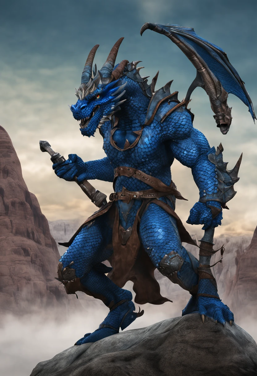 Dragon male, bipedal, blue scales, in leather armor, wielding a staff