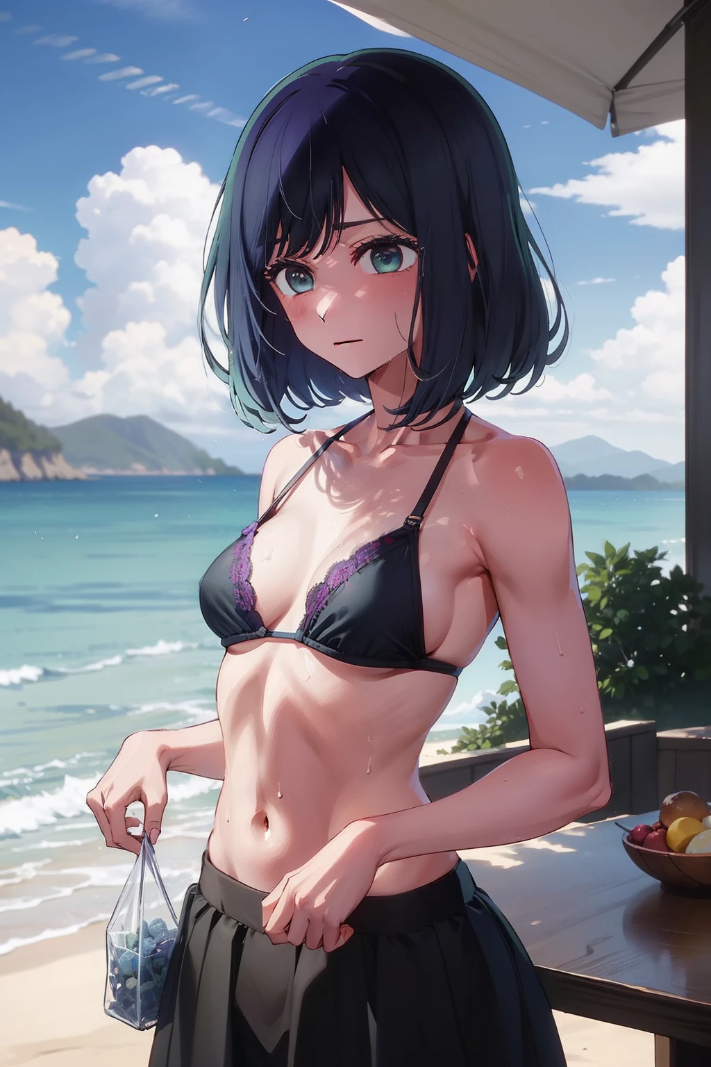 Akane Kurokawa,nackt,blaues Haar,nackt,hot,sexy,beautiful,Perfect Body,1girls,medium boobs,Meisterwerk,Perfektes Gesicht,ausdrucksstarkes Gesicht,nackt,strand,bikini top,no jacked,short skirt,only bikini top,young,not tall,small tighs,short,18 years old,beach,medium tits,small,lust,horny,wet,No Jacked,skinny,