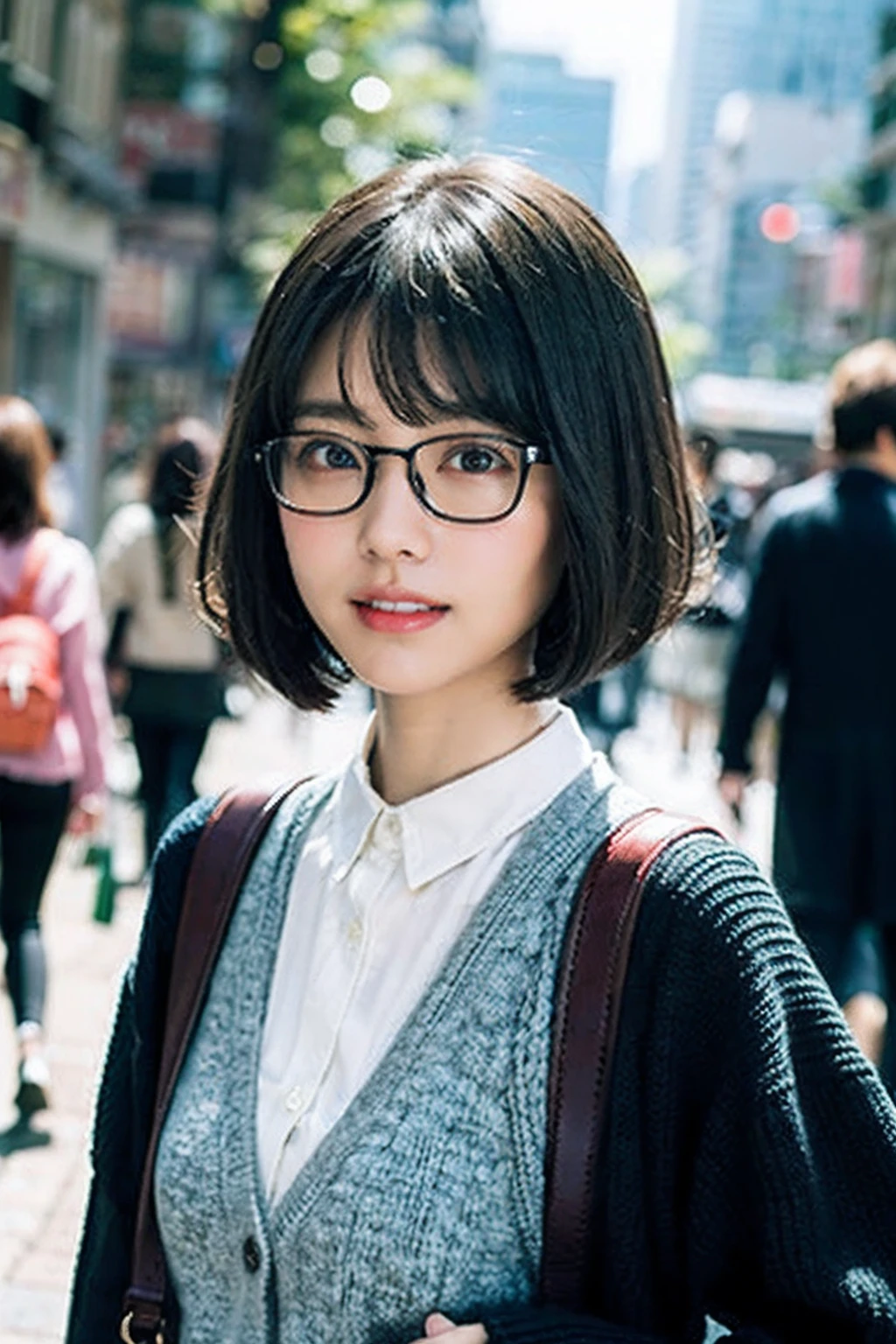 (8K、Raw photography、top-quality、masterpiece:1.2)、(realisitic、Photorealsitic:1.37)、ultra-detailliert、超A high resolution、女の子1人、see the beholder、beautifull detailed face、A smile with a little visible teeth、Constriction、(Slim waist) :1.3)、((Wearing a cardigan))、pastel clothing、Beautiful detailed skin、Skin Texture、Floating hair、((Bob Cut Hair))、large breasts with good shape、Professional Lighting、In front of the station at noon、((Black square glasses))、Whole human body、Black hair、((Have a small rucksack))、