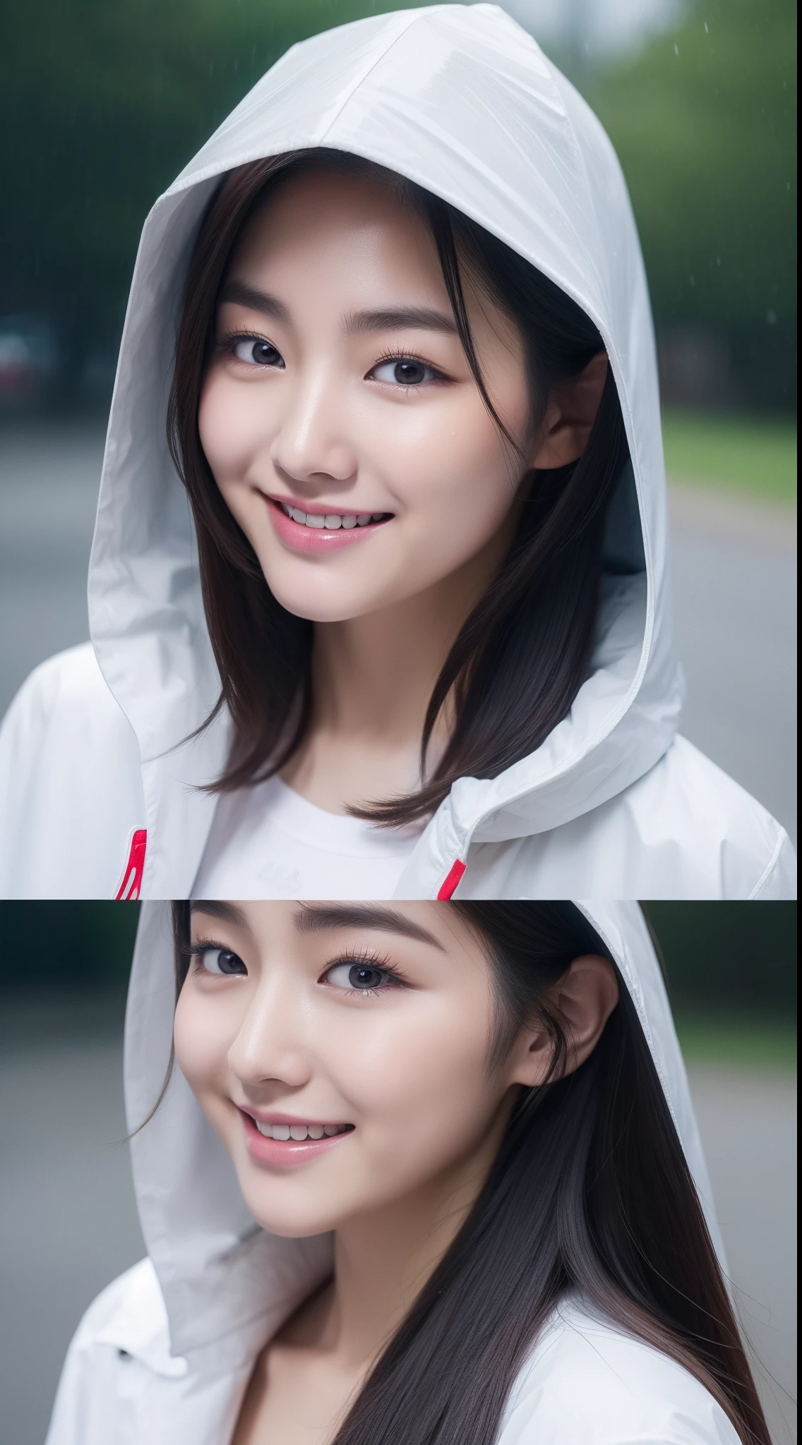 realistic photos of (1 cute Korean star), hair between eyes, white skin, thin makeup, 32 inch breasts size, slightly smile, wearing raincoat, middle in the rain, at the city, close-up, 16k