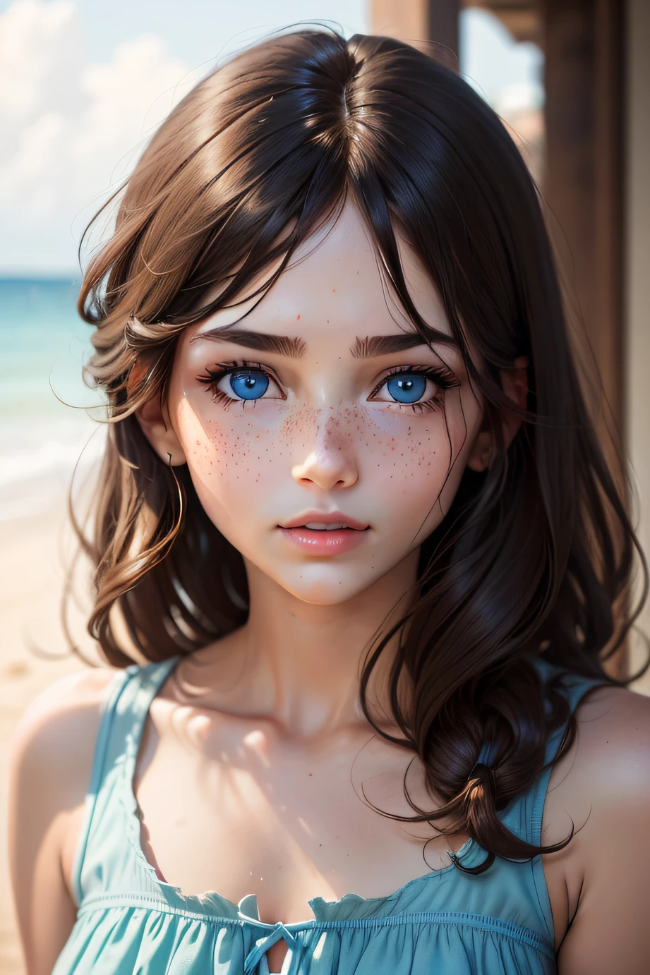 Foto realista, a Realistic photo only of the face of an 18-year-old girl wearing a bikini, cabelo loiro, praia, (1girl), (papel de parede 8k de unidade CG extremamente detalhado), foto da obra de arte mais bonita do mundo, majestosa profissional (fotografia de Steve McCurry), 8k UHD, DSLR, soft-lighting, alta qualidade, grain of film, sharp focus Fujifilm XT3, f 5.6, alto detalhe, foco nítido, Dramatic, (olhando para o espectador: 1.2), (pupilas detalhadas: 1.3), (Luz Natural), ciber realista