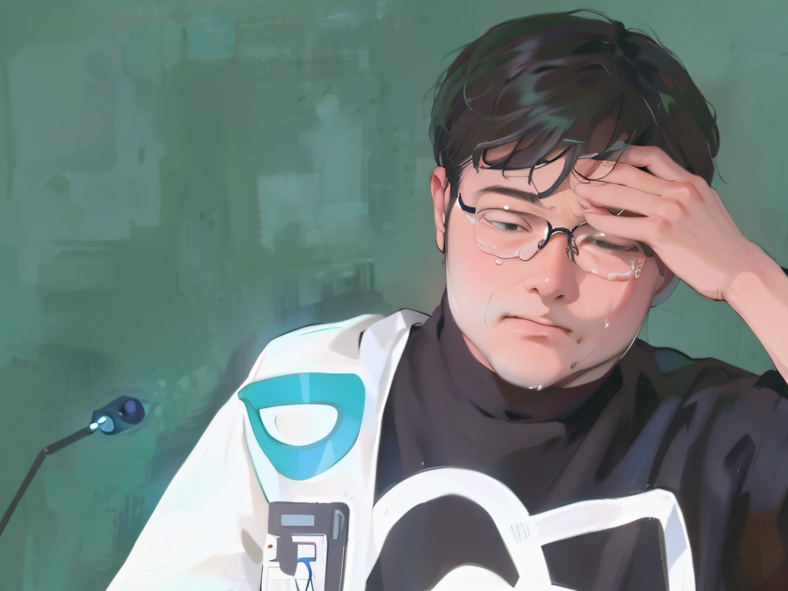 There was a man in glasses and a black shirt holding his head, portrait of a crying ai artist, typical cryptocurrency nerd, giga chad crying, Guviz, Guviz-style artwork, yanjun cheng, sakimichan frank franzzeta, john egbert, ( ( bit flip | artificial intelligence god ) ), satoshi