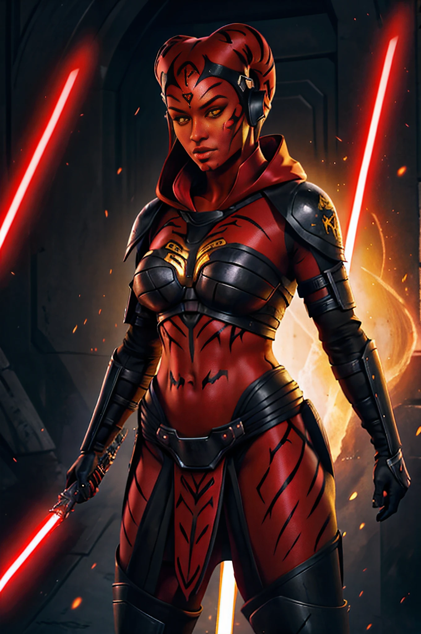 (masterpiece), (best quality), (1 girl), ((red skin: 1.8)), ((yellow eyes: 1.5)), (detailed face), full body, as sith detailed portrait, twilek, darth taron, sexy, full body tribal, cute, with red lightsaber, (wearing a black robe), black stealth armor, breastplate, tunic, tabard, cowl, cloak, body gloves, straps, buckles, skirt, long sleeves, greg rutkowski, art station, fantasy, realistic style