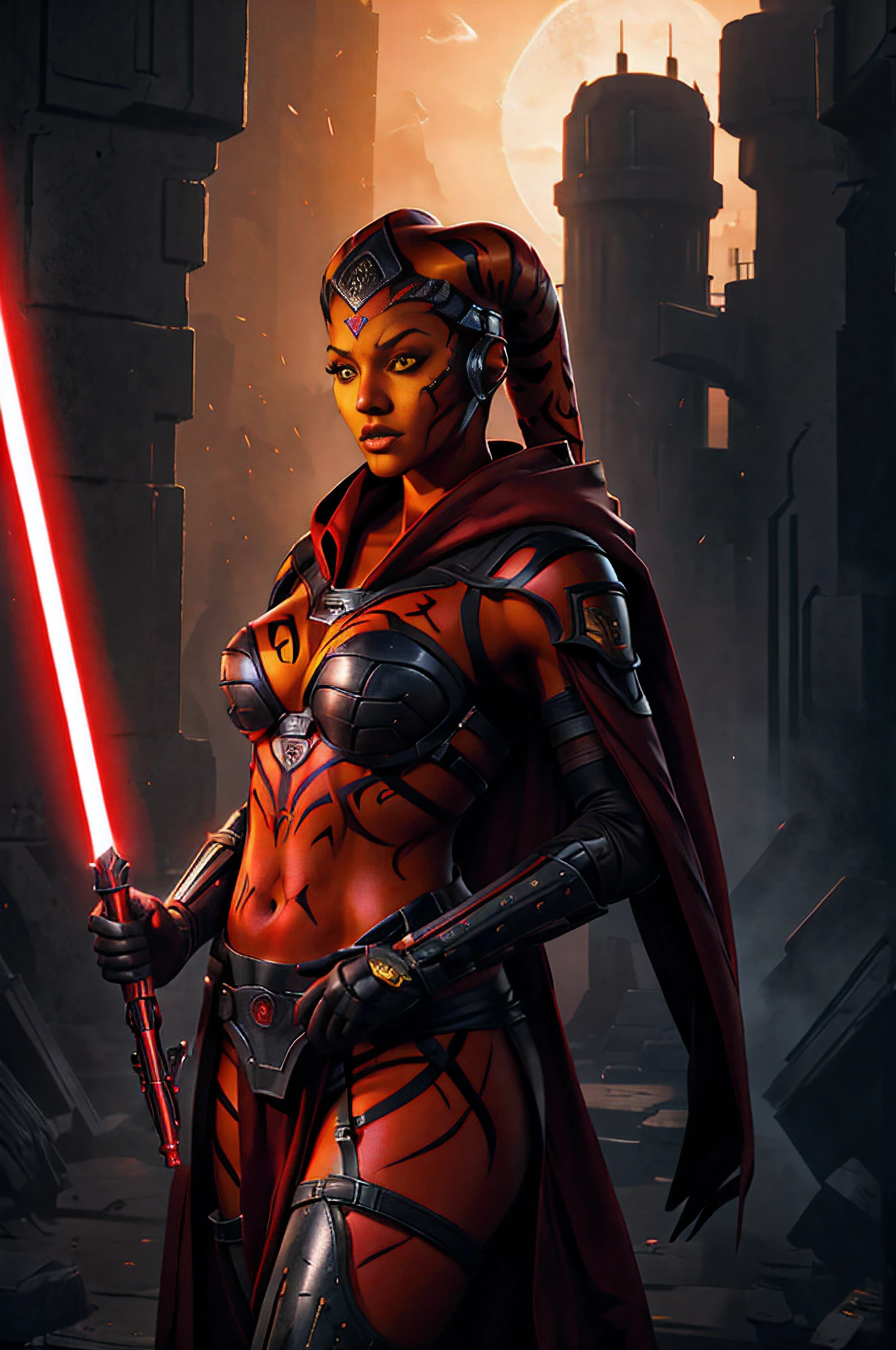 (masterpiece), (best quality), (1 girl), ((red skin: 1.8)), ((yellow eyes: 1.5)), (detailed face), full body, as sith detailed portrait, twilek, darth taron, sexy, full body tribal, cute, with red lightsaber, (wearing a black robe), black stealth armor, breastplate, tunic, tabard, cowl, cloak, body gloves, straps, buckles, skirt, long sleeves, greg rutkowski, art station, fantasy, realistic style