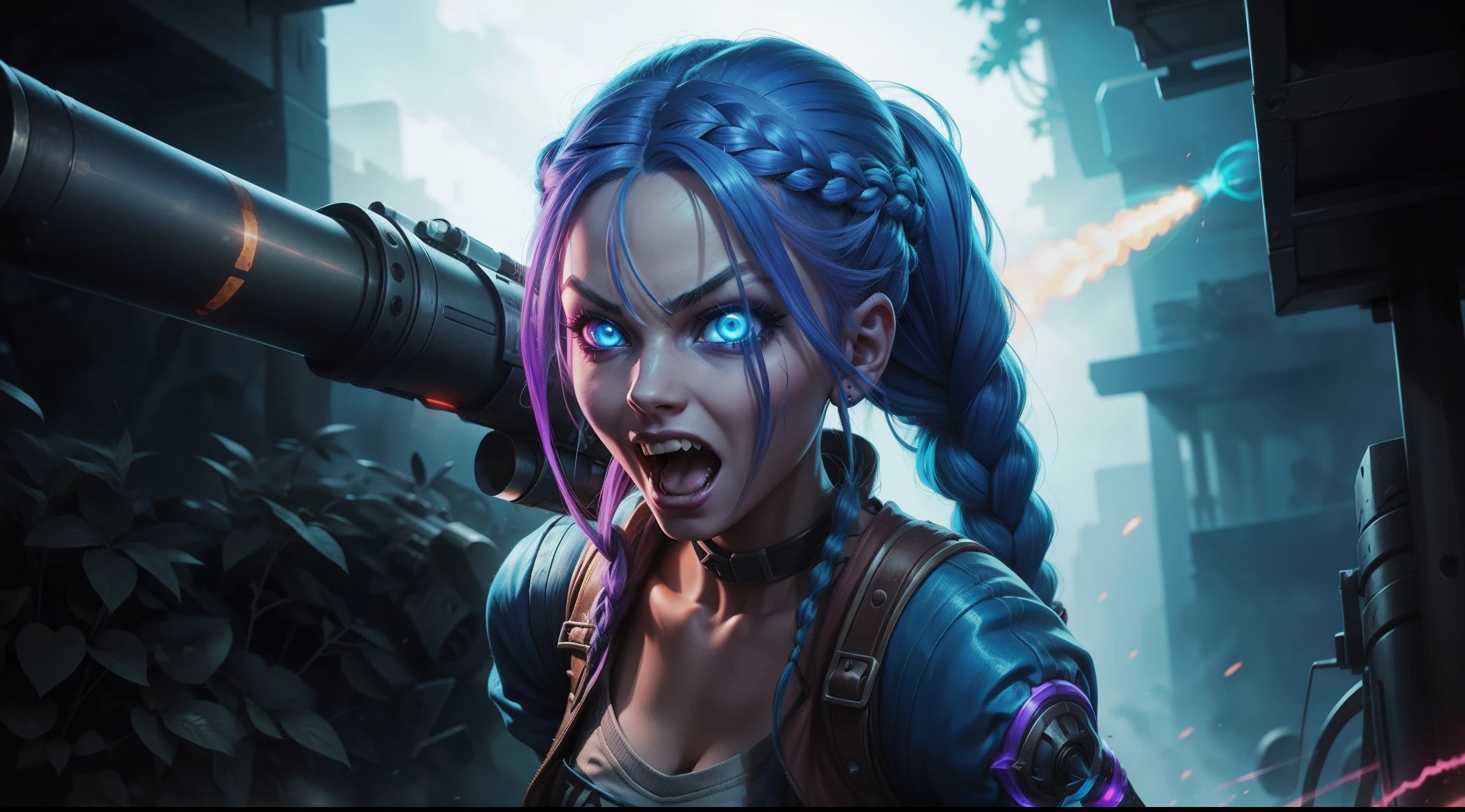 Jinx league of legends, long braided blue hair, rocket launcher in hand, crazy, maniatic facial expression, glowing eyes
