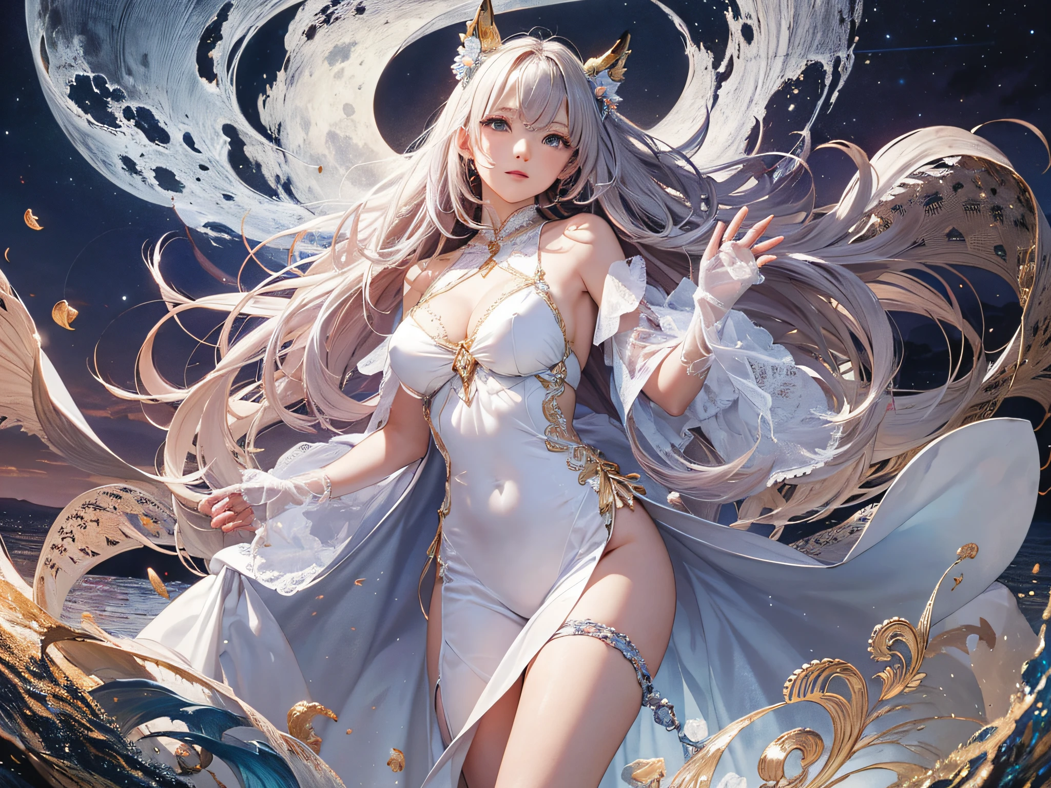 master piece, best qualtiy, 8K, extremely delicate and beautiful, astonishing, finely detail, officlal art, absurderes, Incredibly ridiculous, hugefilesize, Hyper-detailing, ighly detailed,  ((midnight)), moon light,
Beautiful detailed girl,1girl on the sea, stand on the water, elegant dance,
(Perfect female body), full body, middle size breasts, long thick hair waving in the wind, long thick white dress waving in the wind,