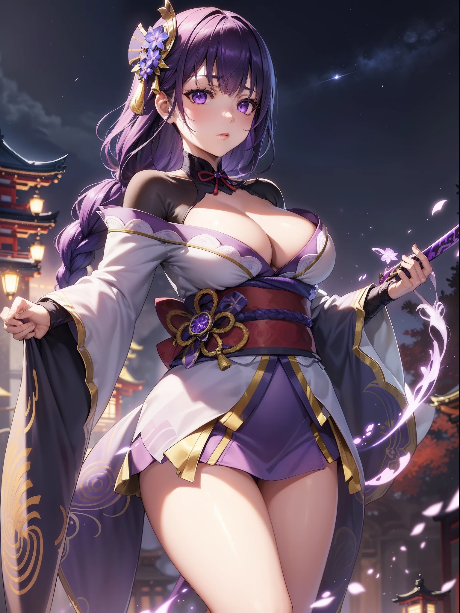 (Illustrations super fines:1.2),(masutepiece, 8k), (Best quality, High quality:1.4),(Masterpiece),anatomie parfaite, Ultra - detailed, Ultra - detailed,Background of the masterpiece,beautiful detailed background, V8k wallpapers(Nuit:1.2),(dehors), (very detailed background), Purple lightning, meilleur_quality, 1 fille, ,beau_et_aesthetics:1.2), (1 femme:1.3), (fractale_art:1.3), (gros seins), luz_reflection, (1 femme, Raiden Shogun,Raïdenshogundef, cheveux violets, ornements de cheveux, cheveux longs, braided ponytail, (((brassard, Purple Japanese clothing, manches larges, manches longues, cuisses, Kimono violet))), 1fille, seulement, (24 ans:1.5),beau doigt,Belles jambes longues,beau corps,Beau nez, Des yeux parfaits, visage parfait,(Beautiful detailed purple eyes),((femelle mature:1.1)),((MILF:1.1)), Raiden Shogun, cheveux violets, yeux violets, Des yeux brillants, Electric violet particles, cheveux longs, rougir, Elegant beautiful hands, jambes nues, cuisses parfaites, kimono, view from below, corps entier, (summon an electric katana between her breasts), Brittles an electric katana from her chest, Cheveux publics, debout, Night background, Background of Inazuma Temple,