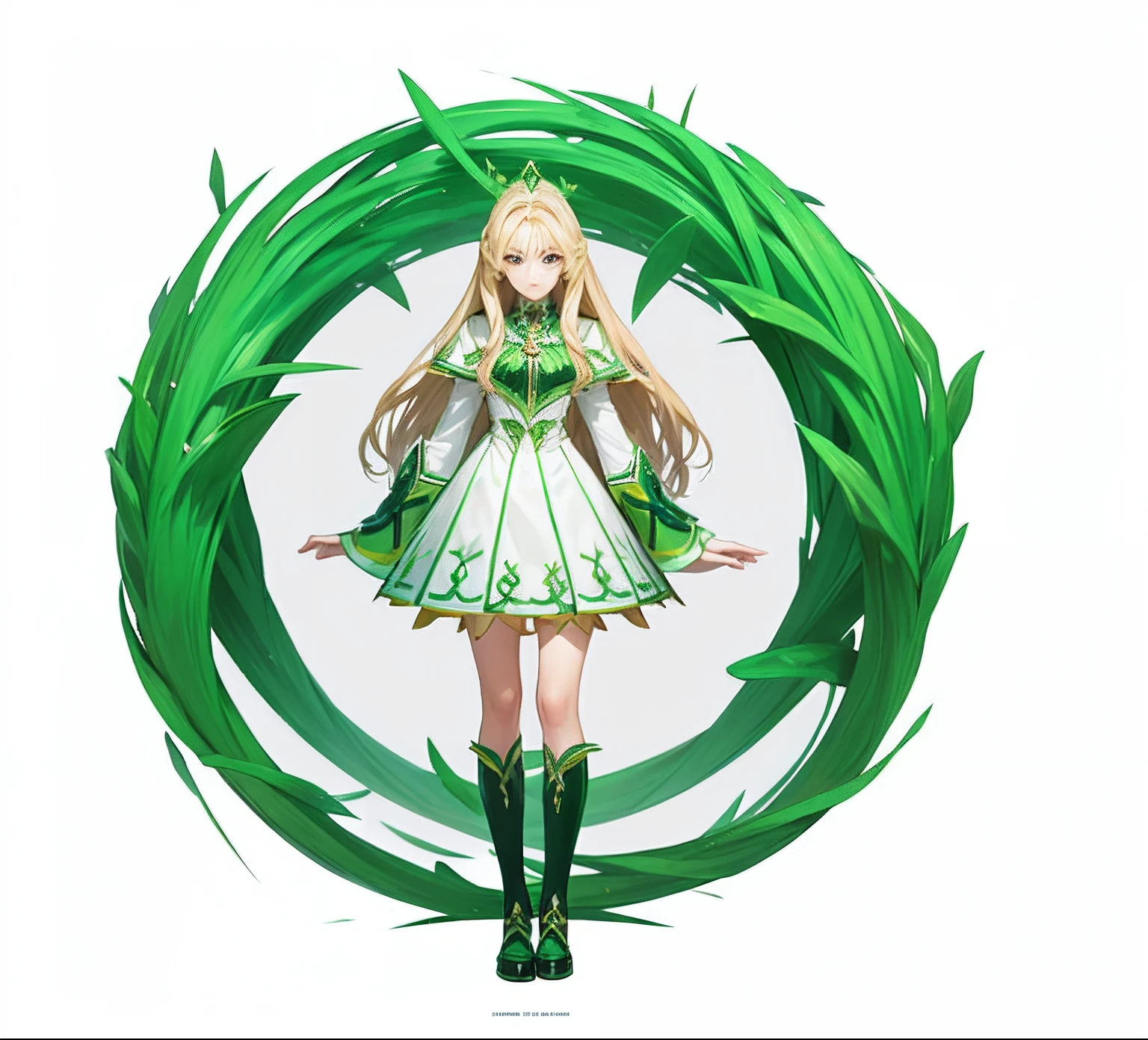 There is a woman wearing a green dress and a white dress, beautiful and elegant elf queen, elven princess, fairy queen, ethereal wings, Elf Princess, An elf queen, full-body view, ethereal essence, Fairy, fairy queen, elegant cinematic pose, lady palutena, beautiful elven princess, astral fairy, flod, astral witch clothes