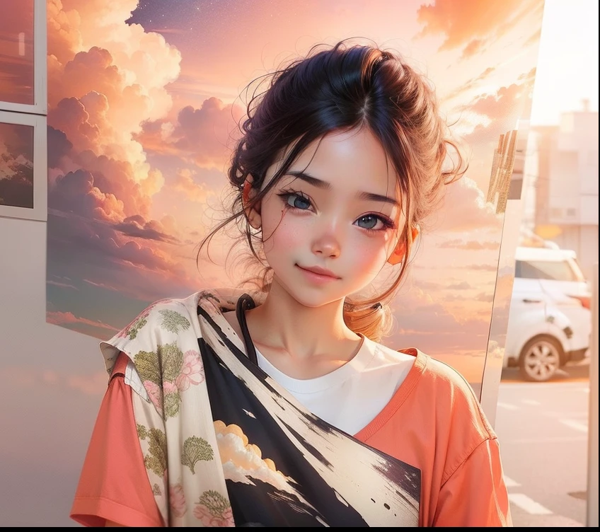 Girl in this photo make his face realistic anime, in background evening colorful sky,white shirt, in the sky cloud,little smile,cartoon