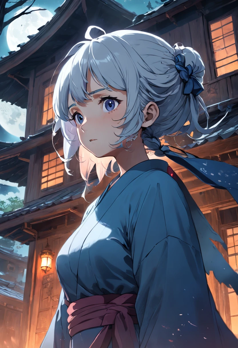 An old lady leads the supplements into the house,Puzzled and shocked on his face,,mystical aura, Dilapidated house, Moonlit Night, Mist,surreal atmosphere,(Chinese folk suspense, terroral, Supernatural comic book style),Hyper-detailing,4K,high high quality