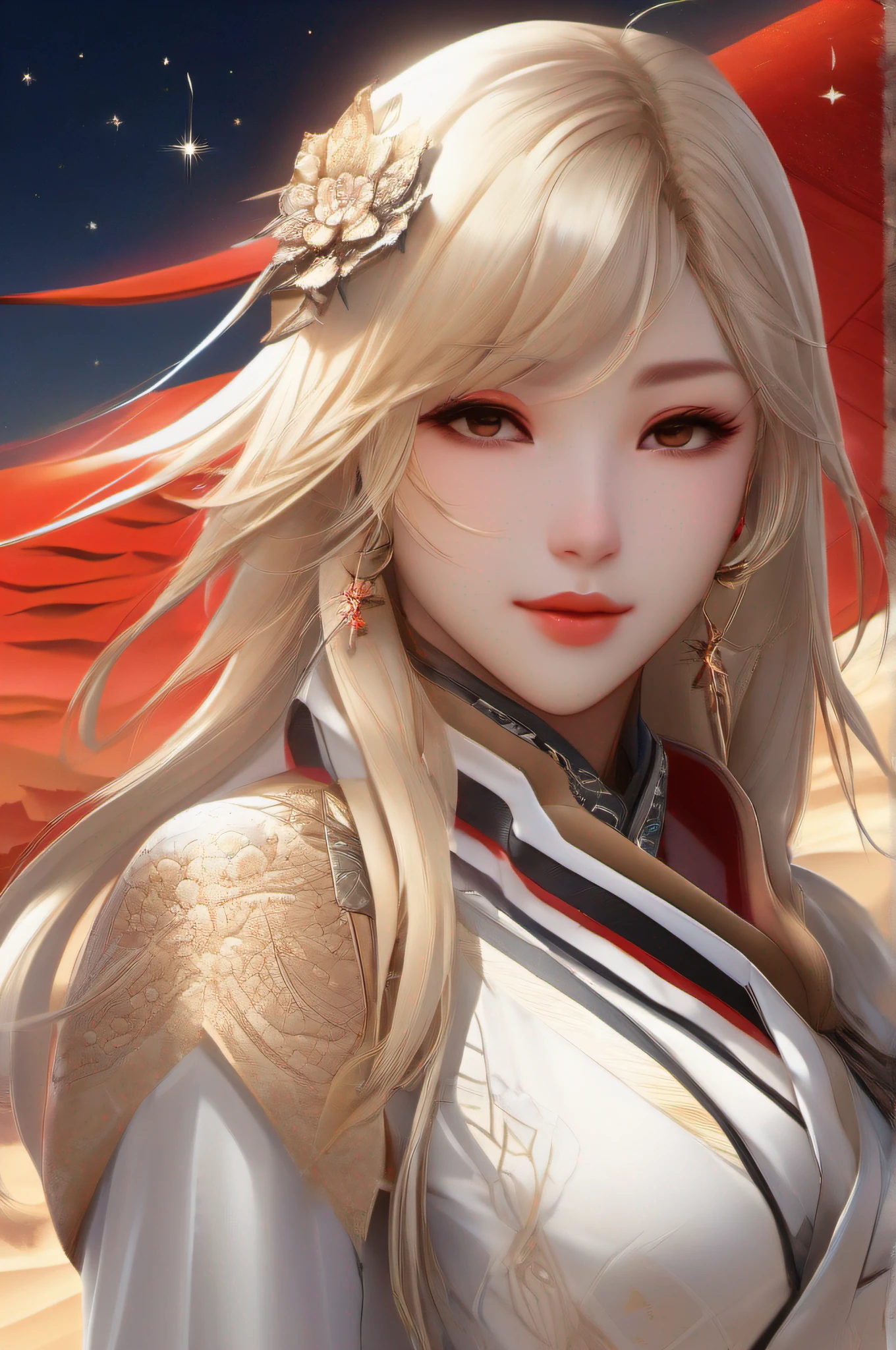 Masterpiece - Detailed - Best Quality - ultra detailed portrait - full body - dynamic pose - perfect anatomy - centered - approach to perfection - Perfect fingers - Genshin Impact Style - Blond hair - Red lipstick - Traditional japanese white outfit - Desert background - Sun setting in the background behind sand dunes - Starry sky - Visible planet in the skies