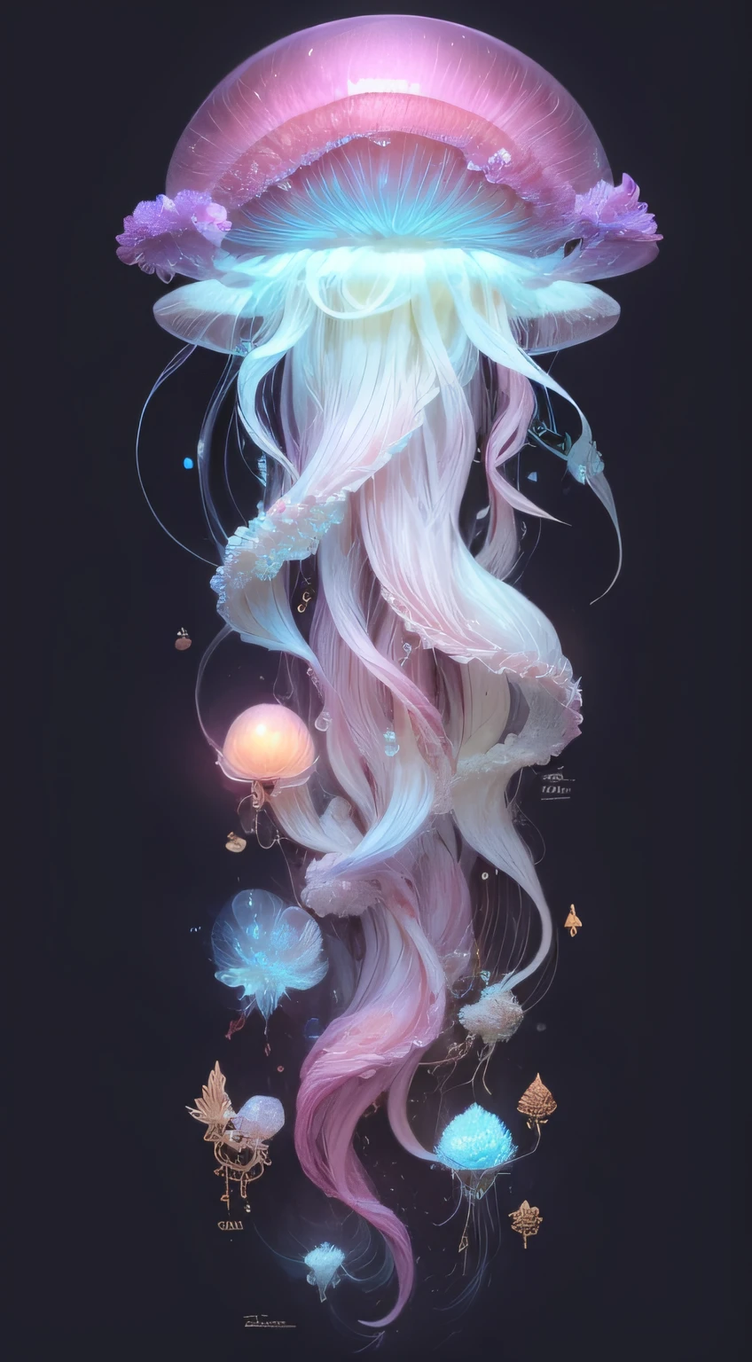 Guardian of Light, jellyfish，The milky white body glows，There are red dots on the head，Jellyfish morphology，The tentacles are long and thin，It is yellowish in color，cleanness，white colors，Jewel-like