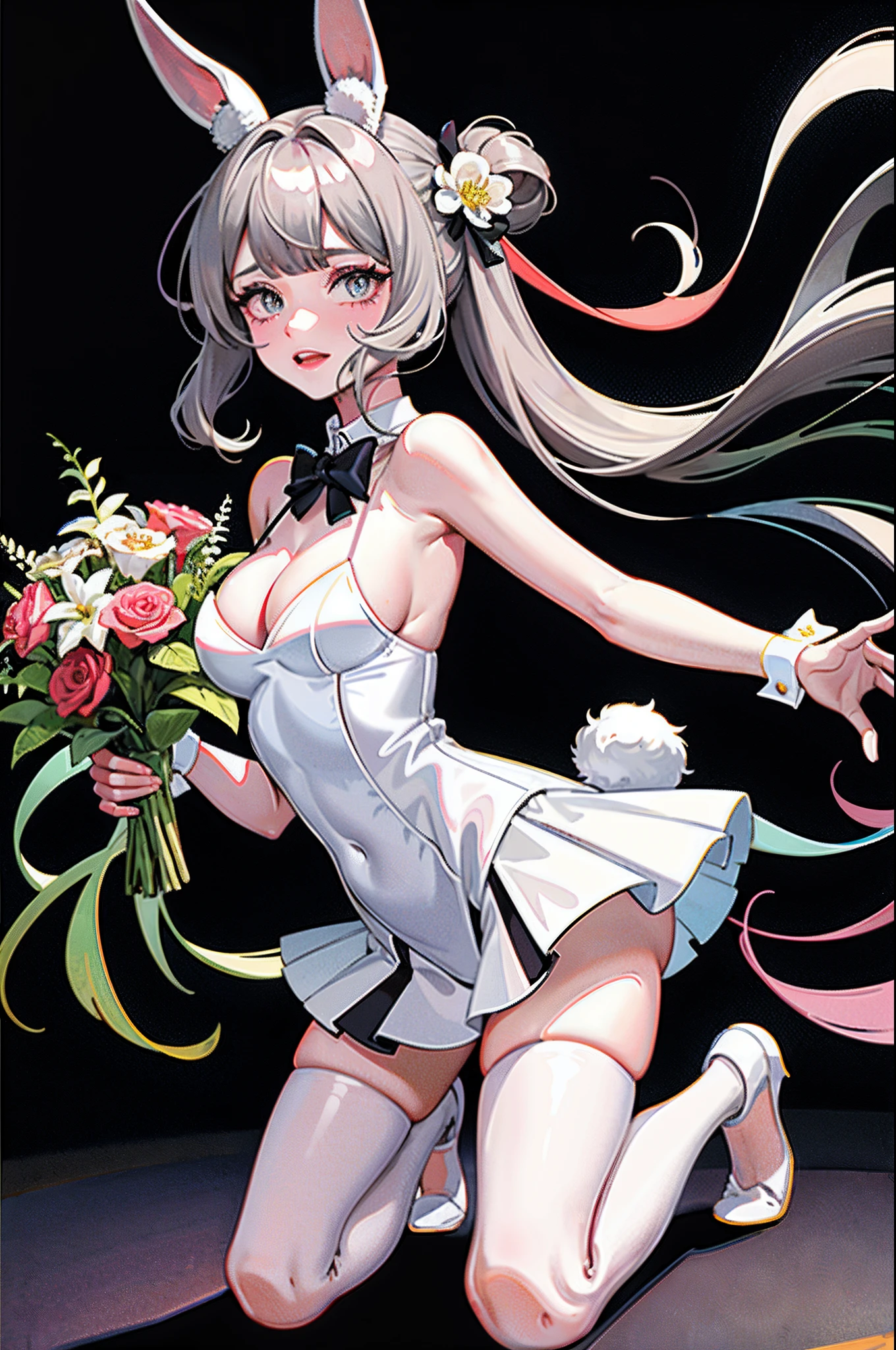 master-piece,hyper quality, hyper detailed,perfect drawing,1 beautiful girl, holding a large bouquet, white bikini, rabbit ears, rabbit tail, rabbit palm, rabbit paws, rabbit fingers, double eyelid big eyes, , gray hair, drooping eyes, height 65cm, three sizes B95W60H90, fluffy, kneeling, pow pause