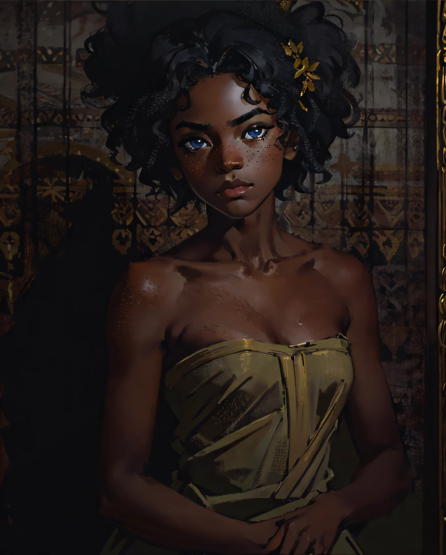 An exquisite portrait of a Black African woman with deep ebony skin, the photograph captured in stunning 8k resolution and raw format to preserve the highest quality of details. The woman's beauty is undeniable, her face commanding the frame in a close-up shot that reveals the intricate details of her eyes. She wears a dress that complements her radiant skin, and her eyes are portrayed with meticulous attention to detail, showcasing the captivating depth within. The photograph is taken with a lens that emphasizes the defiance in her gaze, and the backdrop is a dark studio setting that enhances the muted colors of the scene. The lighting and shadows are expertly crafted to bring out the richness of her skin tone and the subtle nuances of her features. Her ginger hair, with its distinct hue, adds a touch of warmth and contrast against her ebony skin. The interior setting adds a sense of intimacy, while the freckles on her skin tell their own story. The overall composition captures her essence with authenticity and grace, creating a portrait that is a celebration of her heritage and beauty. Photography by defiance512, utilizing the best techniques for shadow and lighting, to create a mesmerizing portrayal that transcends the visual.