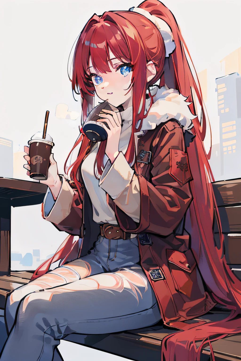 masterpiece, best quality, 1girl, long hair, (red hair), waist-length hair, ponytail, blue eyes, sharp eyes, smiling, ((brown fur coat)), white knitted clothes, ((navy long jeans)), boots, in the winter, snowing, fond, sitting on the bench, (((detail face))), drinking a cup of coffee
