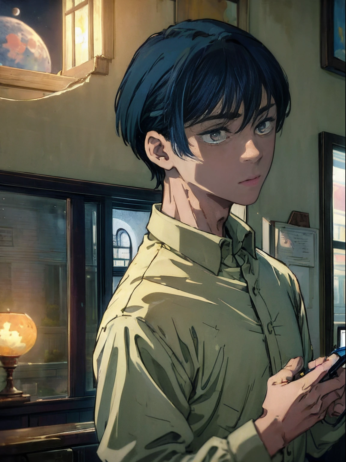 (Masterpiece, Best quality, Extremely detailed:1.5) 18yr old,1boys(blue short hair)pupils,Look at the sky and the moon,Mid-Autumn Festival,Inside the dormitory,Frightened expressions,perspire,Tablet in hand
