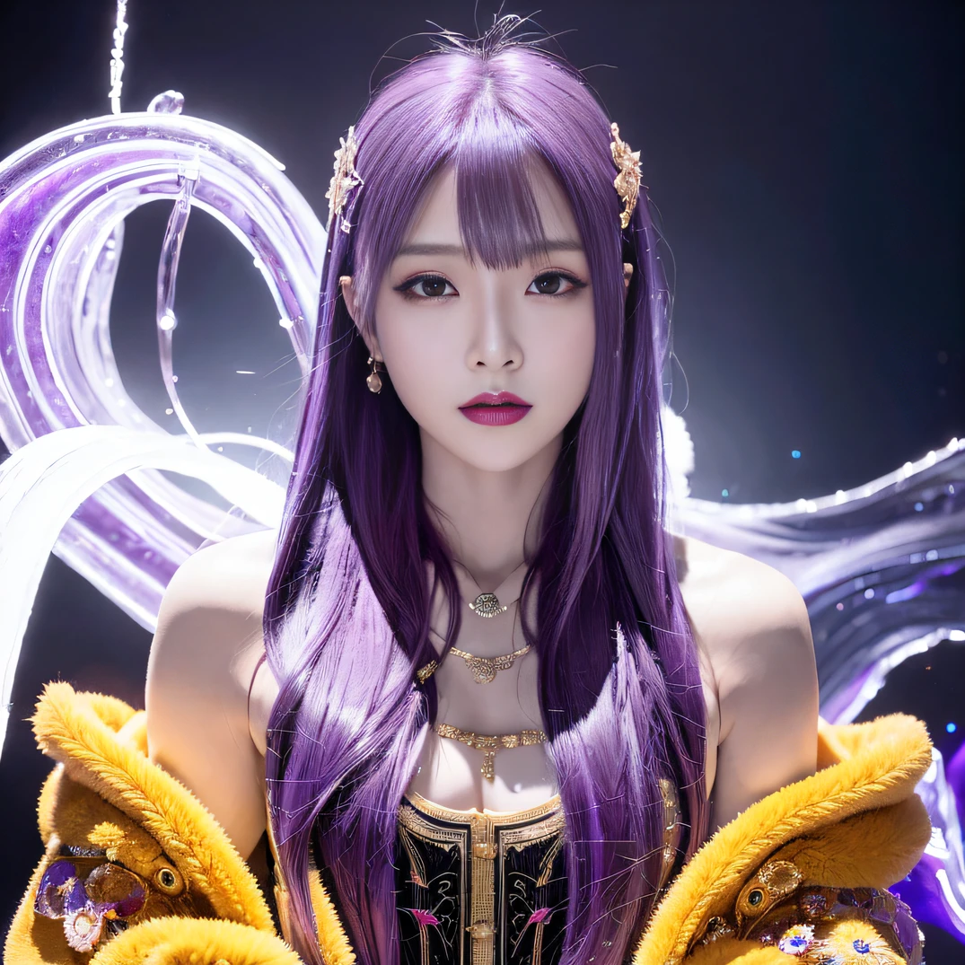 32K（tmasterpiece，k hd，hyper HD，32K）Long flowing bright purple hair，Autumn Pond，zydink， a color， Asian people （Silly girl）， （Silk scarf）， Combat posture， looking at the ground， long whitr hair， Floating bright purple， Fire cloud pattern gold tiara， Chinese long-sleeved gold silk garment， （abstract ink splash：1.2）， white backgrounid，Lotus protector（realisticlying：1.4），Bright purple hair，Smoke on the road，The background is pure， A high resolution， the detail， RAW photogr， Sharp Re， Nikon D850 Film Stock Photo by Jefferies Lee 4 Kodak Portra 400 Camera F1.6 shots, Rich colors, ultra-realistic vivid textures, Dramatic lighting, Unreal Engine Art Station Trend, cinestir 800，Long flowing bright purple hair