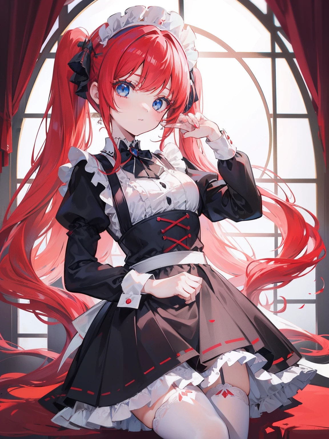 red hair,blue eyes,twintails,maid, long hair, long sleeves, gothic, solo, loli,Short skirt, white stockings,{{best quality}}, {{masterpiece}}, {{ultra-detailed}}, {illustration}, {detailed light}, {an extremely delicate and beautiful}, girl,cute,dragon horns