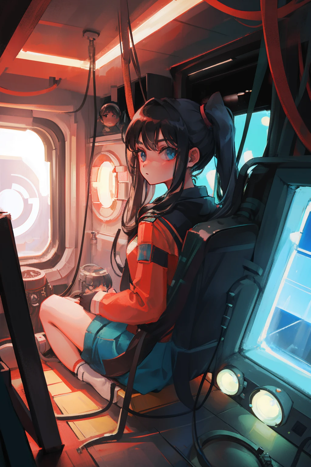 Soviet times,A Soviet girl with a ponytail is passing through the porthole of a spaceship,Gaze into outer space