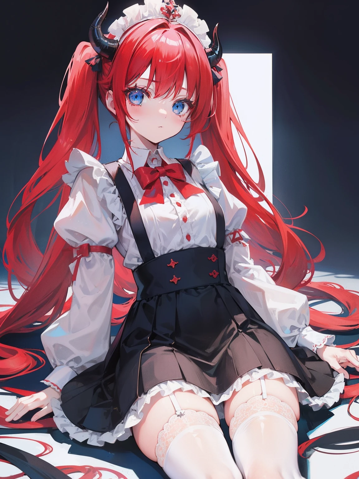 red hair,blue eyes,twintails,maid, long hair, long sleeves, gothic, solo, loli,Short skirt, white stockings,{{best quality}}, {{masterpiece}}, {{ultra-detailed}}, {illustration}, {detailed light}, {an extremely delicate and beautiful}, girl,cute,dragon horns