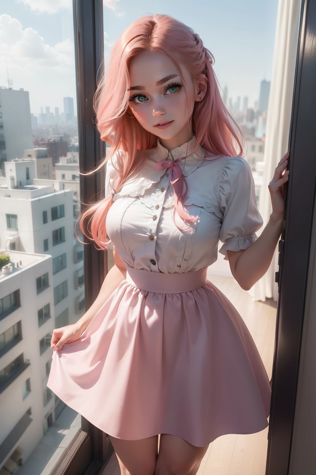 ((Best picture quality, 8K, tmasterpiece: 1.3)), self-shot, Sharp focus: 1.2, A cute beauty with a perfect figure: 1.4, Slim, ((hazel hair )) , (pink cute dress ，pleatedskirt，Highly detailed face，Happy expression，standing on your feet：1.2），（（The city of blue skies，simple bedrooms：1.3. Produced with a major focus on women）），Highly detailed facial and skin texture，Detailed eyes，Green eyes Double eyelids