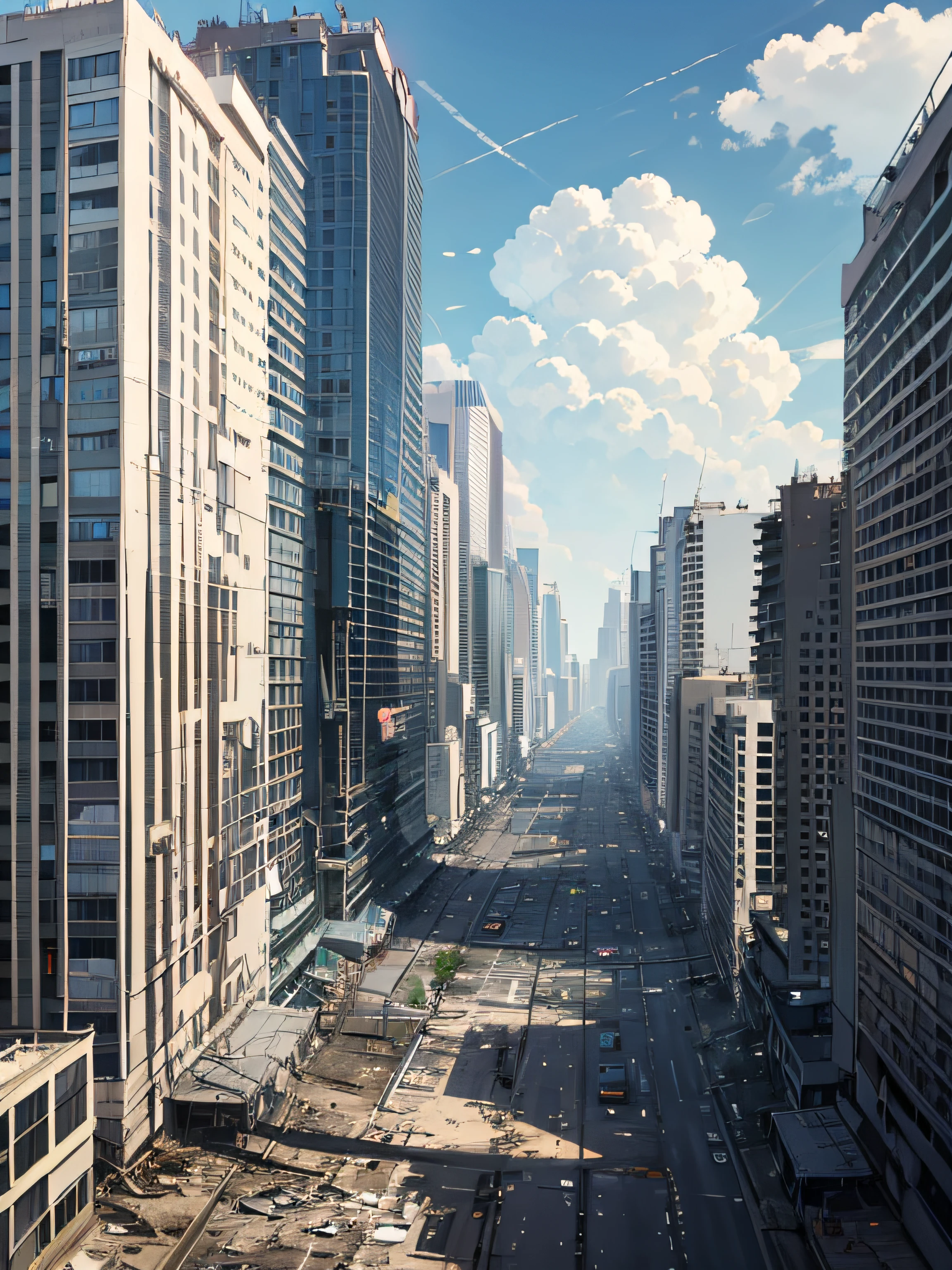 obstruction，（（Clouded）），Armageddon，废墟，Ruined streets，rundown buildings，Desolate streets，dust kicked up，Dilapidated high-rise buildings