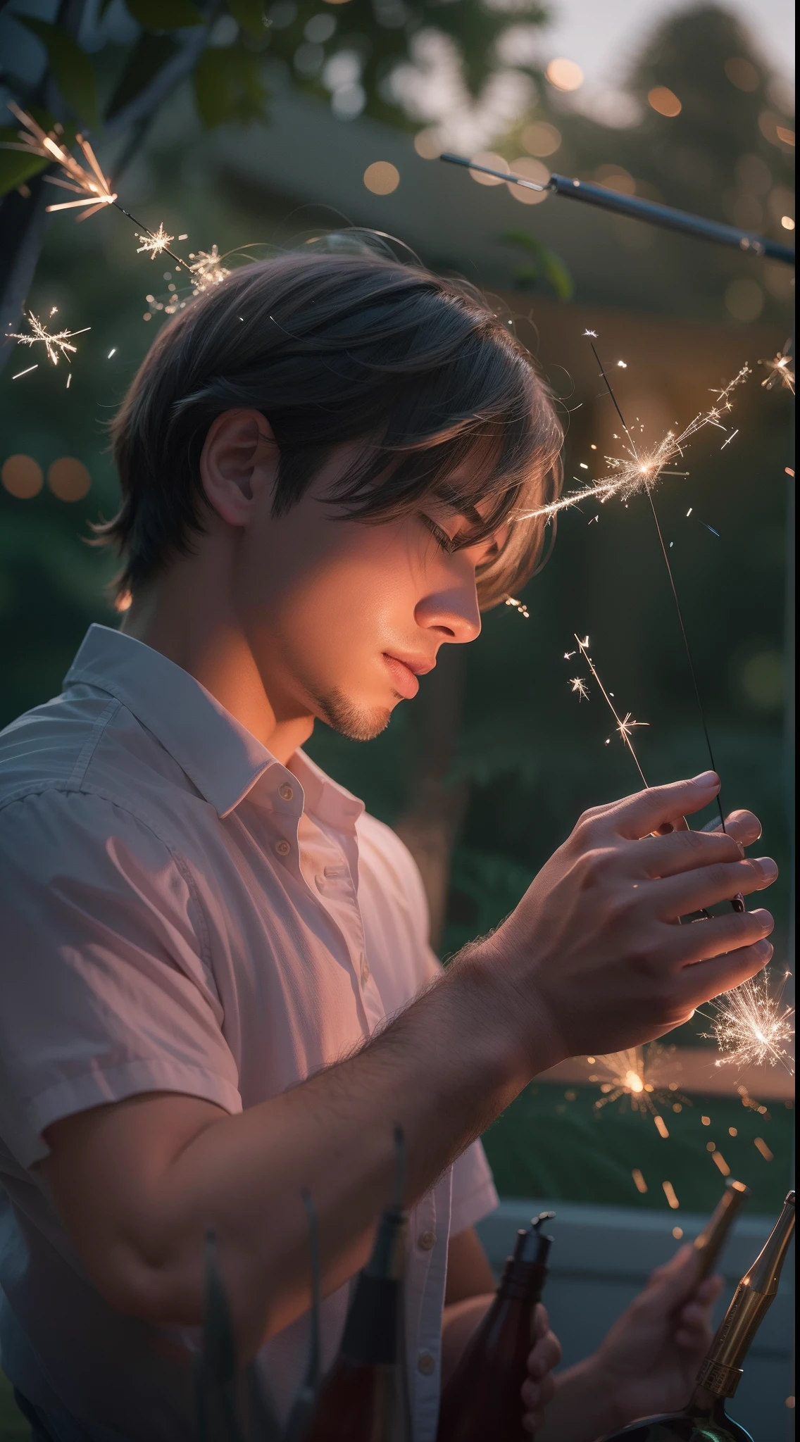 Dusk, a piece that makes you feel the end of summer, handsome guy with sparklers, high quality, high quality, realistic, 16k, coolest,